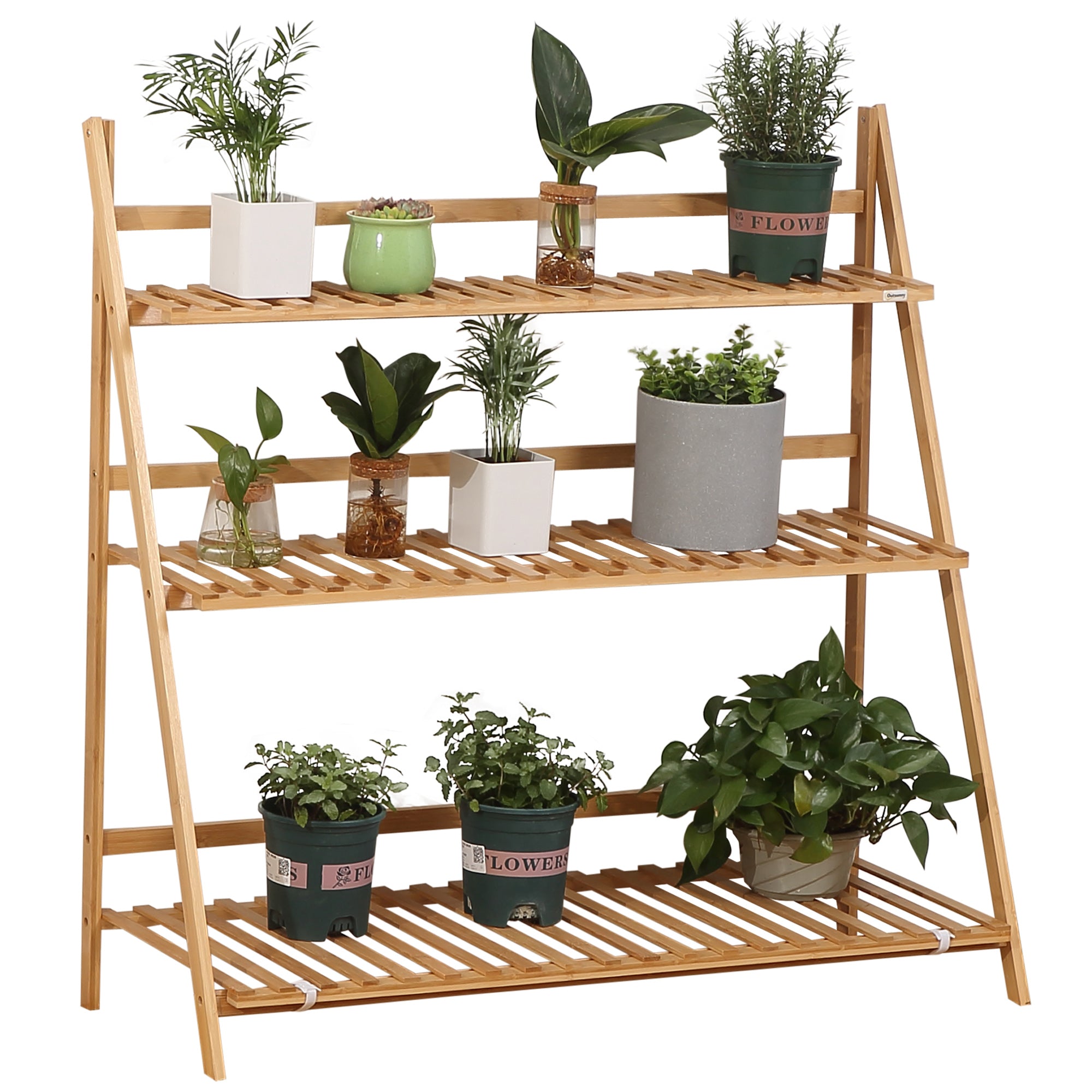 Outsunny 3-Tier Plant Stand, Plant Shelf Rack, Folding Bamboo Display Stand, 98x37x96.5cm, Natural - North Peak Garden Furniture