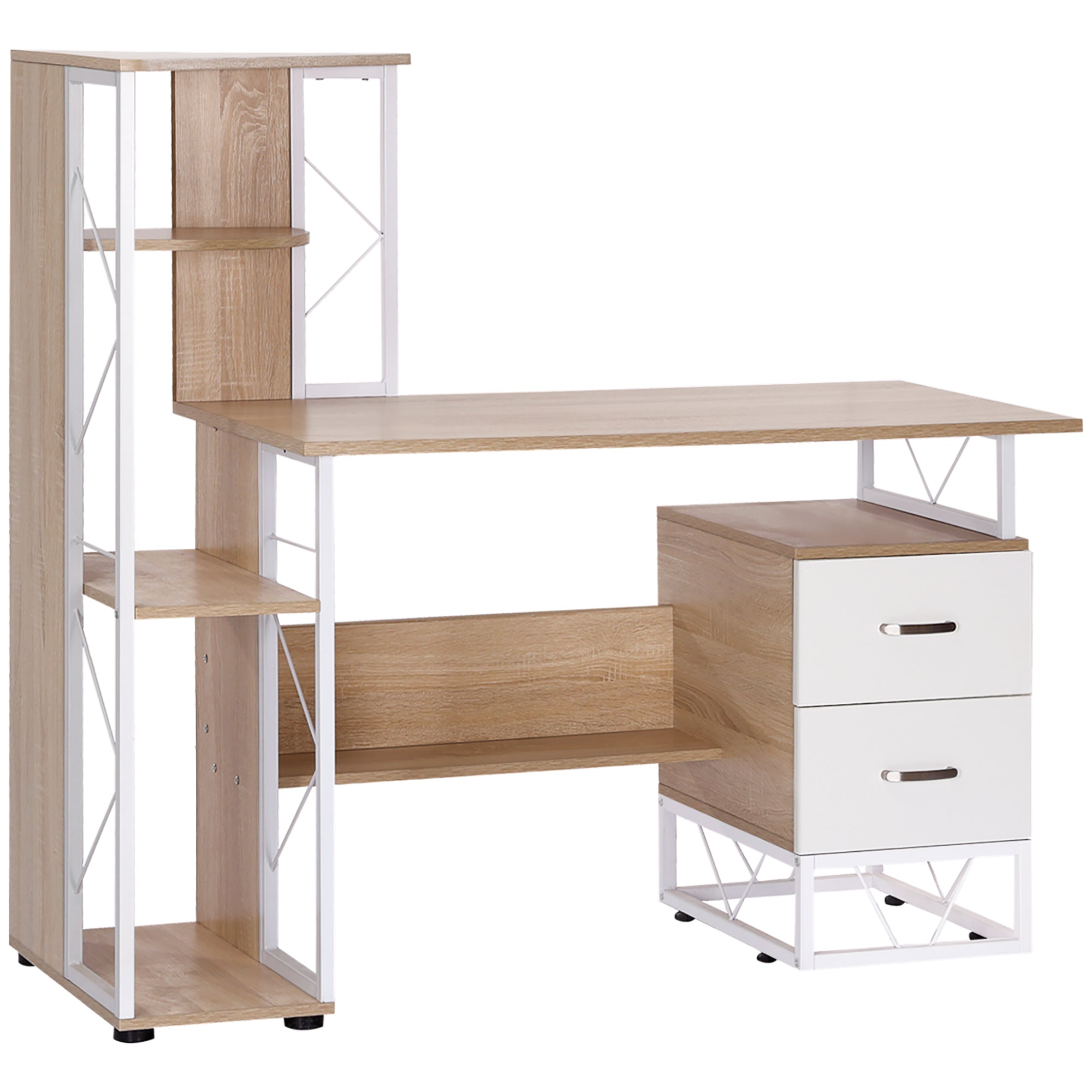 HOMCOM Computer Desk with Drawers and Bookshelf, Writing Desk for Home Office with Storage Shelves, Study Workstation, Oak - North Peak Garden Furniture