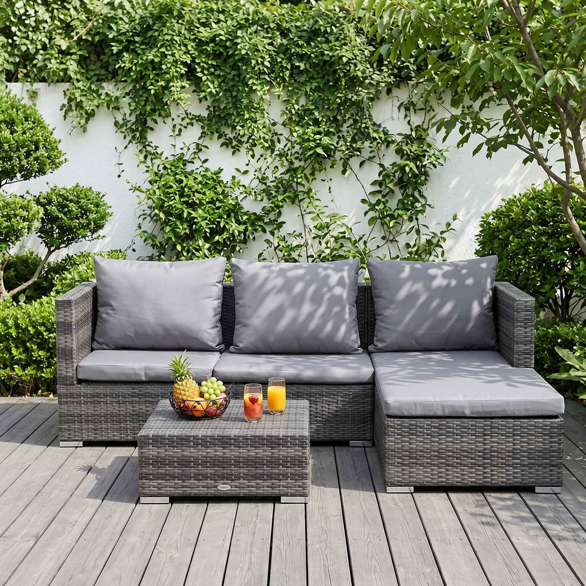 Outsunny 3PC Rattan Garden Furniture Storage Sofa Set 4 Seater Wicker Coffee Table Conservatory Sun Lounger Reclining Set Outdoor Weave with Cushion Grey