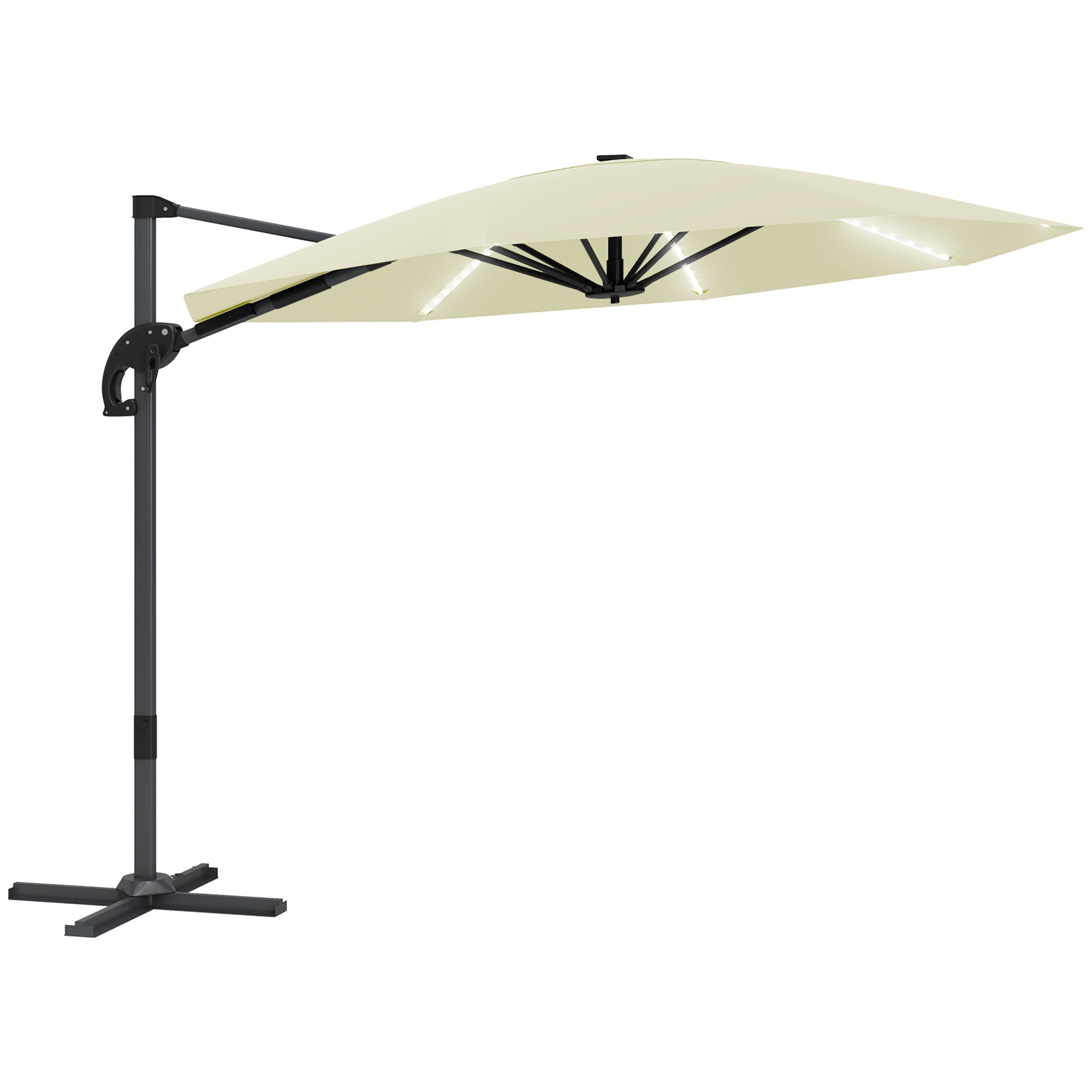 Outsunny 3(m) Cantilever Garden Parasol with Solar Powered Lights, Crank Handle & Cross Base, UPF 50+, 360° Rotation, Cream - North Peak Garden Furniture