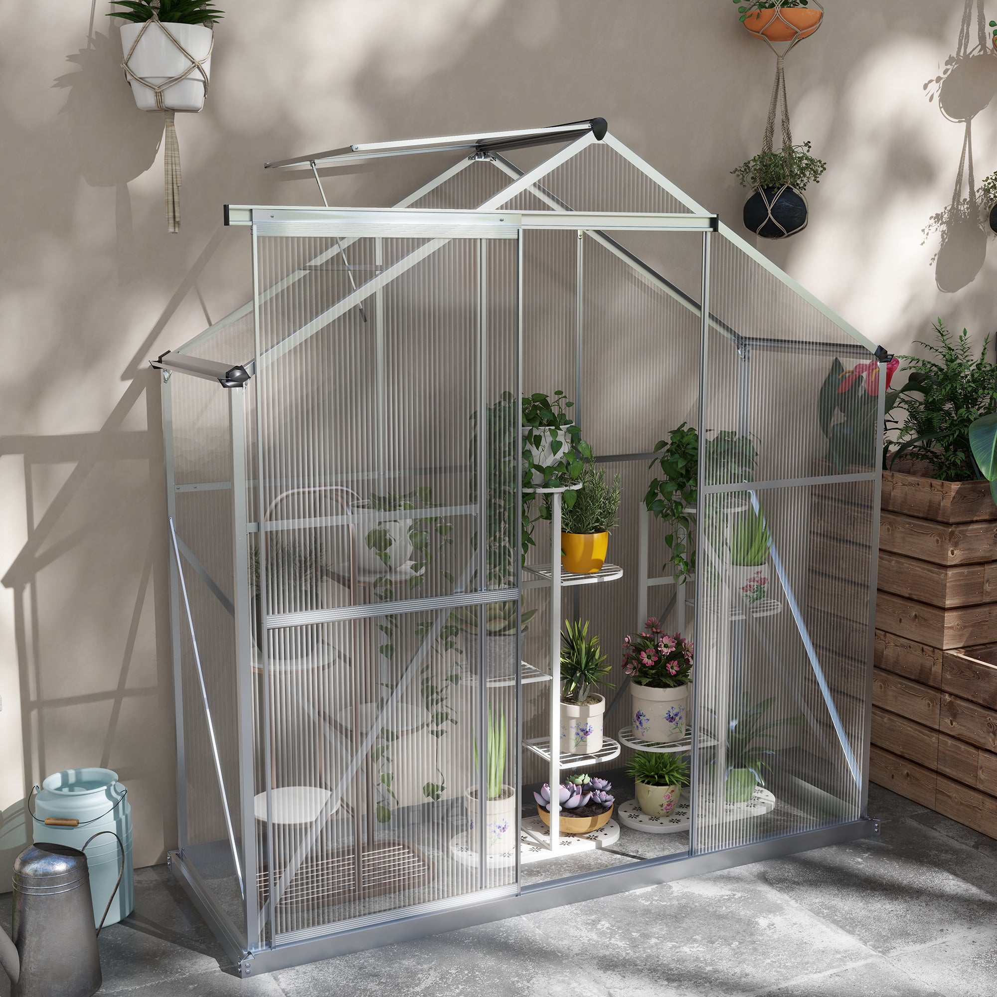 Outsunny 6 x 2.5ft Polycarbonate Greenhouse Walk-In Green House with Rain Gutter, Sliding Door, Window, Foundation, Silver - North Peak Garden Furniture