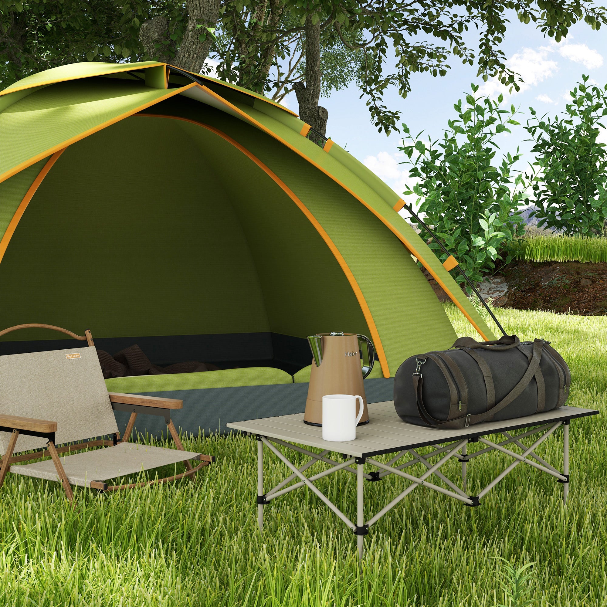 Outsunny Two-Seater Portable Aluminium Table, with Roll-Up Tabletop and Bag - Khaki - North Peak Garden Furniture
