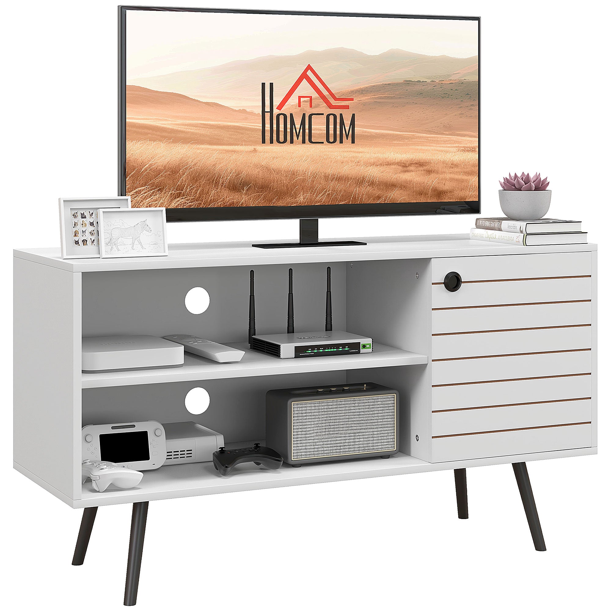 HOMCOM Duo Storage TV Unit, with Striped Door - White - North Peak Garden Furniture
