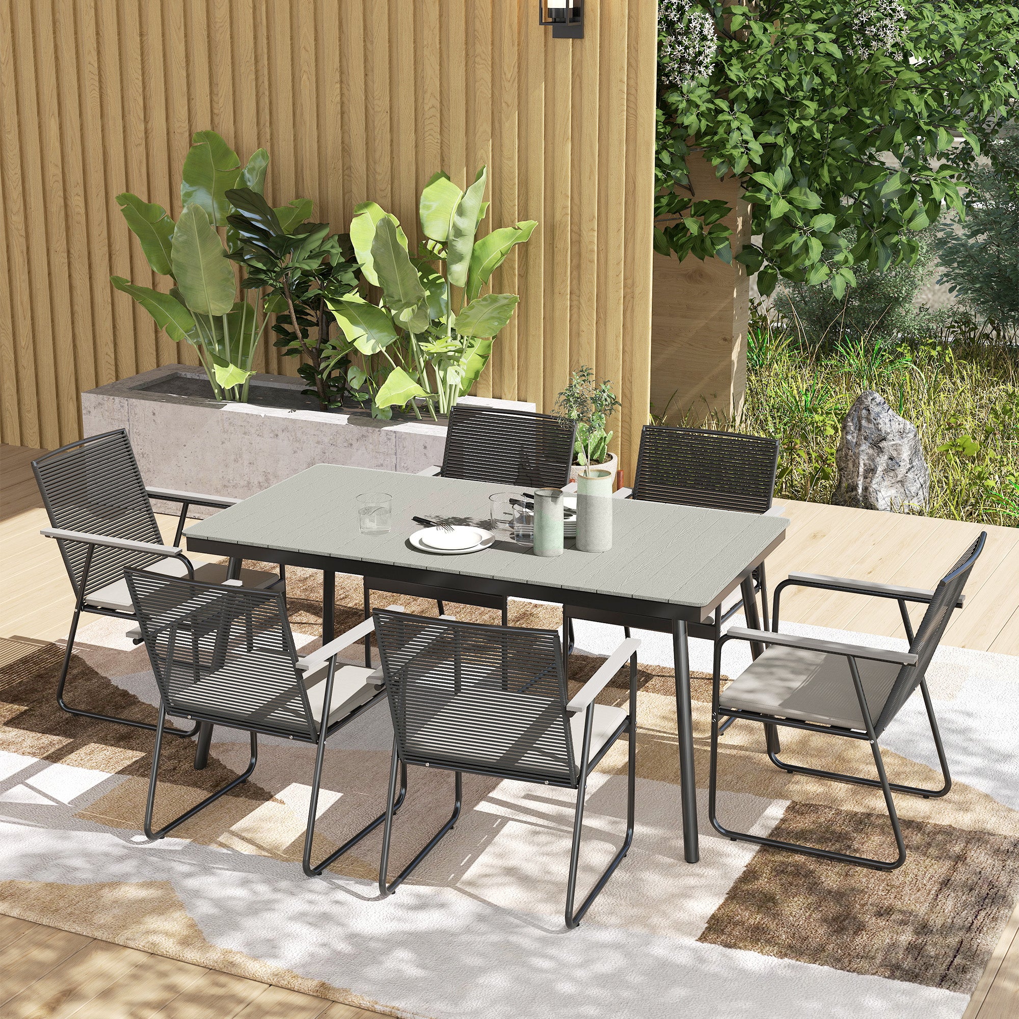 Outsunny 6 Seater Garden Dining Set with Soft Cushions, Rattan Backrest, Rectangular Plastic Top, Garden Furniture Set, Outdoor Dining Table and Chairs for Patio, Balcony, Poolside, Grey - North Peak Garden Furniture