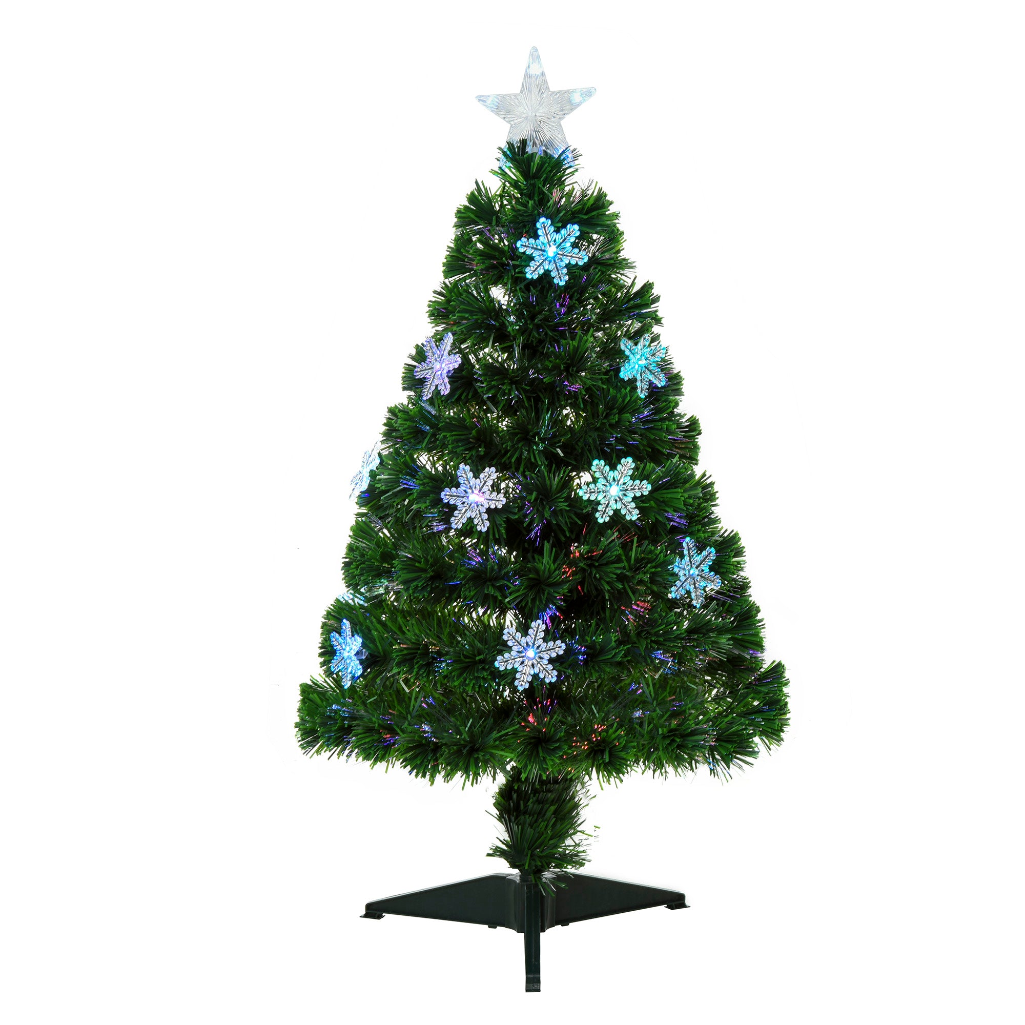 HOMCOM 3FT Green Fibre Optic Artificial Christmas Tree Xmas Colourful LED Scattered Tree with Snowflakes Ornaments Fireproofing - North Peak Garden Furniture