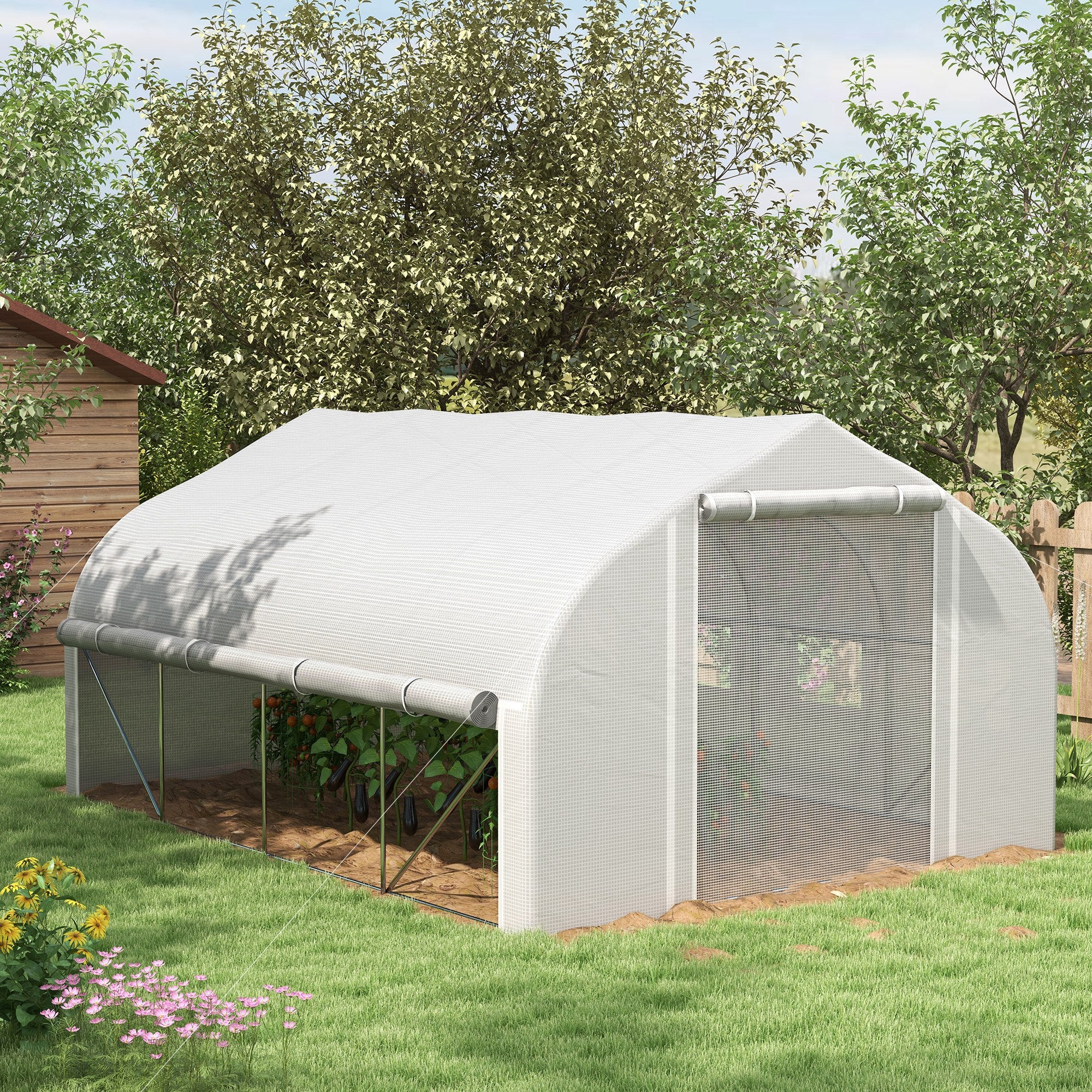 Outsunny 4 x 3(m) Walk-in Polytunnel Greenhouse, Zipped Roll Up Sidewalls, Mesh Door, 8 Mesh Windows, Tunnel Warm House Tent with PE Cover, Complimentary Plant Labels and Gloves, White - North Peak Garden Furniture