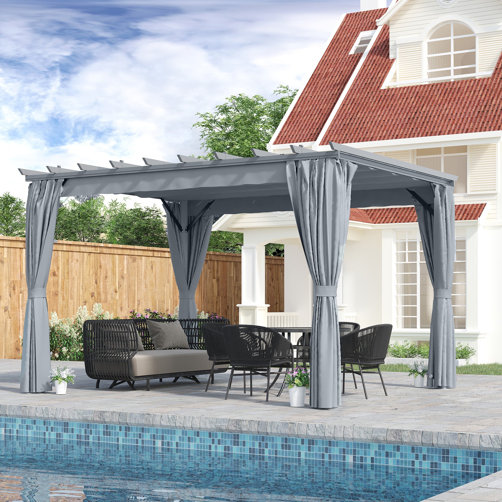 Outsunny 3.6 x 3(m) Outdoor Pergola with Retractable Roof and Curtains, Garden Gazebo Canopy Sun Shade Shelter with Aluminum Frame, Dark Grey - North Peak Garden Furniture