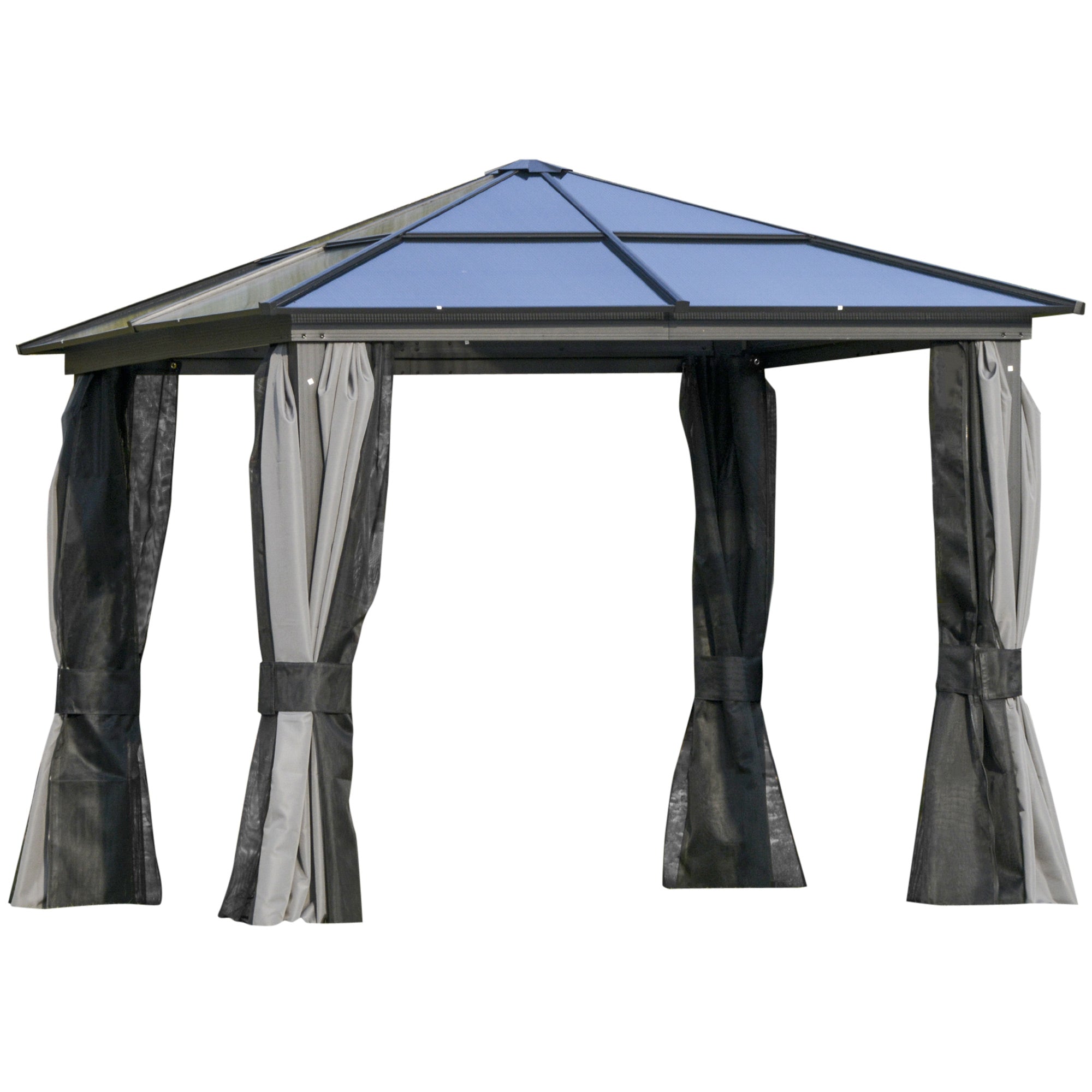 Outsunny 3 x 3(m) Hardtop Gazebo Canopy with Polycarbonate Roof, Aluminium Frame, Permanent Pavilion Garden Gazebo with Netting and Curtains for Patio, Deck, Dark Grey - North Peak Garden Furniture