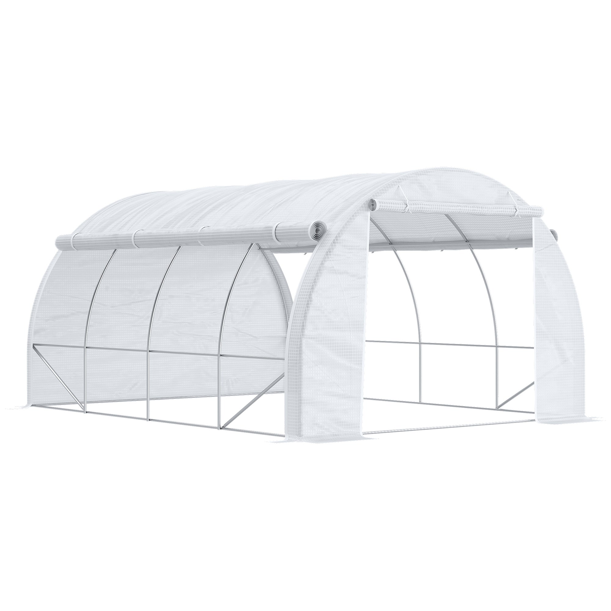 Outsunny 4 x 3 x 2 m Polytunnel Greenhouse with Roll-up Side Walls, Walk-in Grow House Tent with Steel Frame, Reinforced Cover, Zipped Door and 12 Mesh Windows for Garden, White - North Peak Garden Furniture