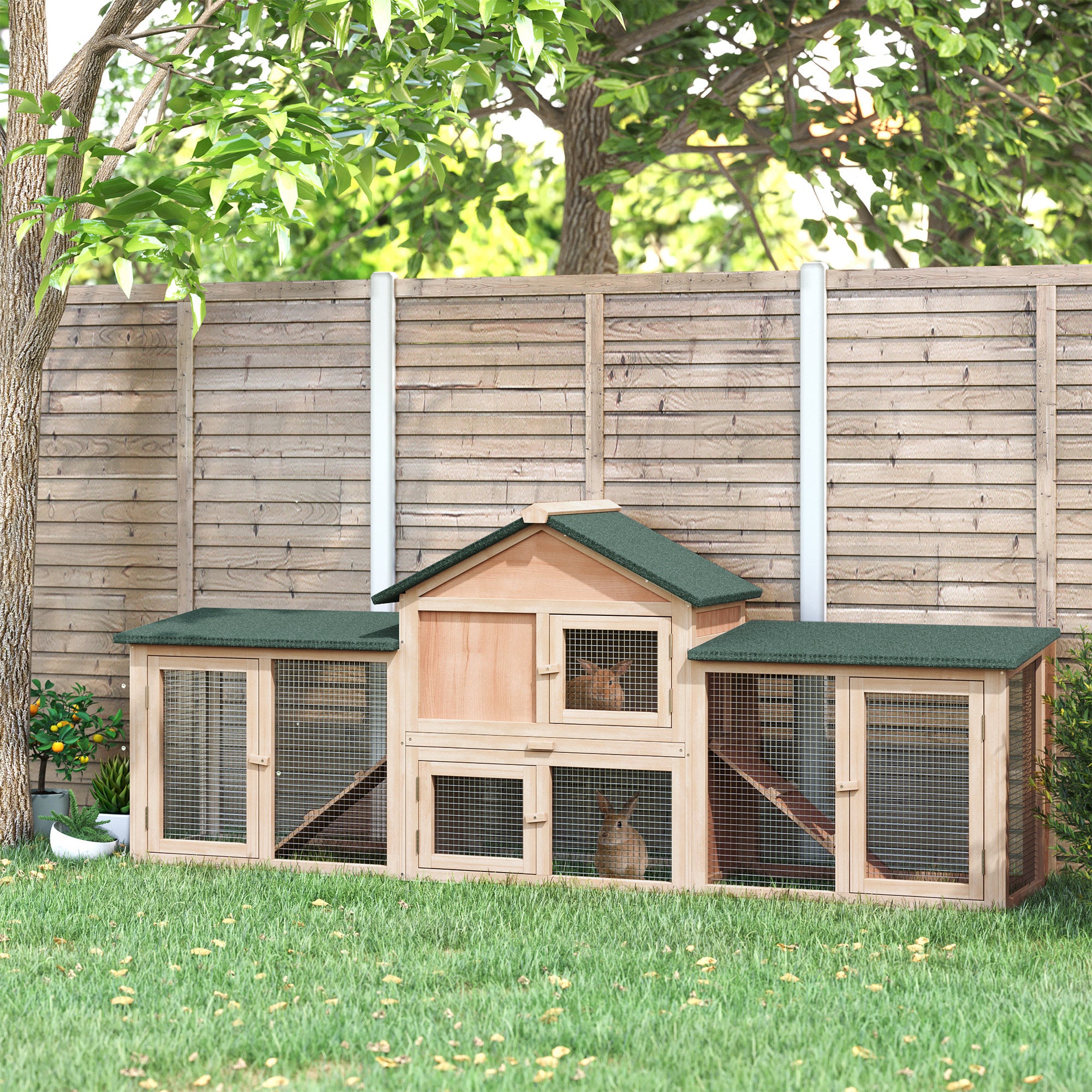 PawHut Large Rabbit Hutch Outdoor Wooden Guinea Pig Hutch with Run, 2 Storey Bunny House 210 x 45.5 x 84.5 cm - North Peak Garden Furniture