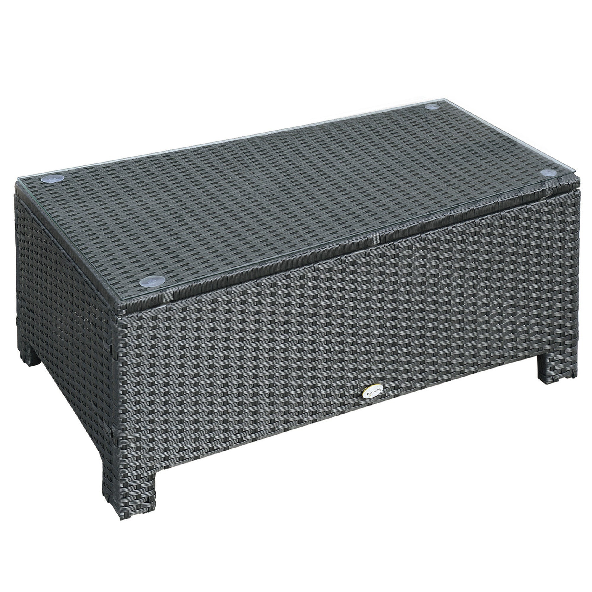 Outsunny Outdoor PE Rattan Coffee Table, Rectangular Garden Tea Table w/ Tempered Glass Top, Black - North Peak Garden Furniture