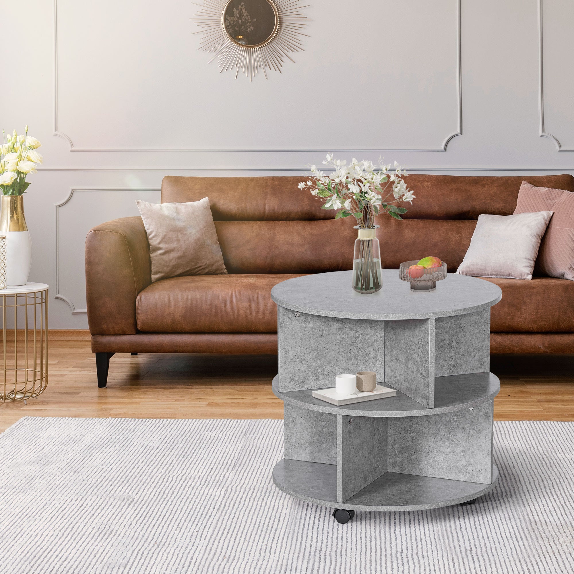 HOMCOM Round Coffee Table with Wheels, 3-Tier Rolling Side Table for Living Room with Divided Shelves, Cement Colour - North Peak Garden Furniture