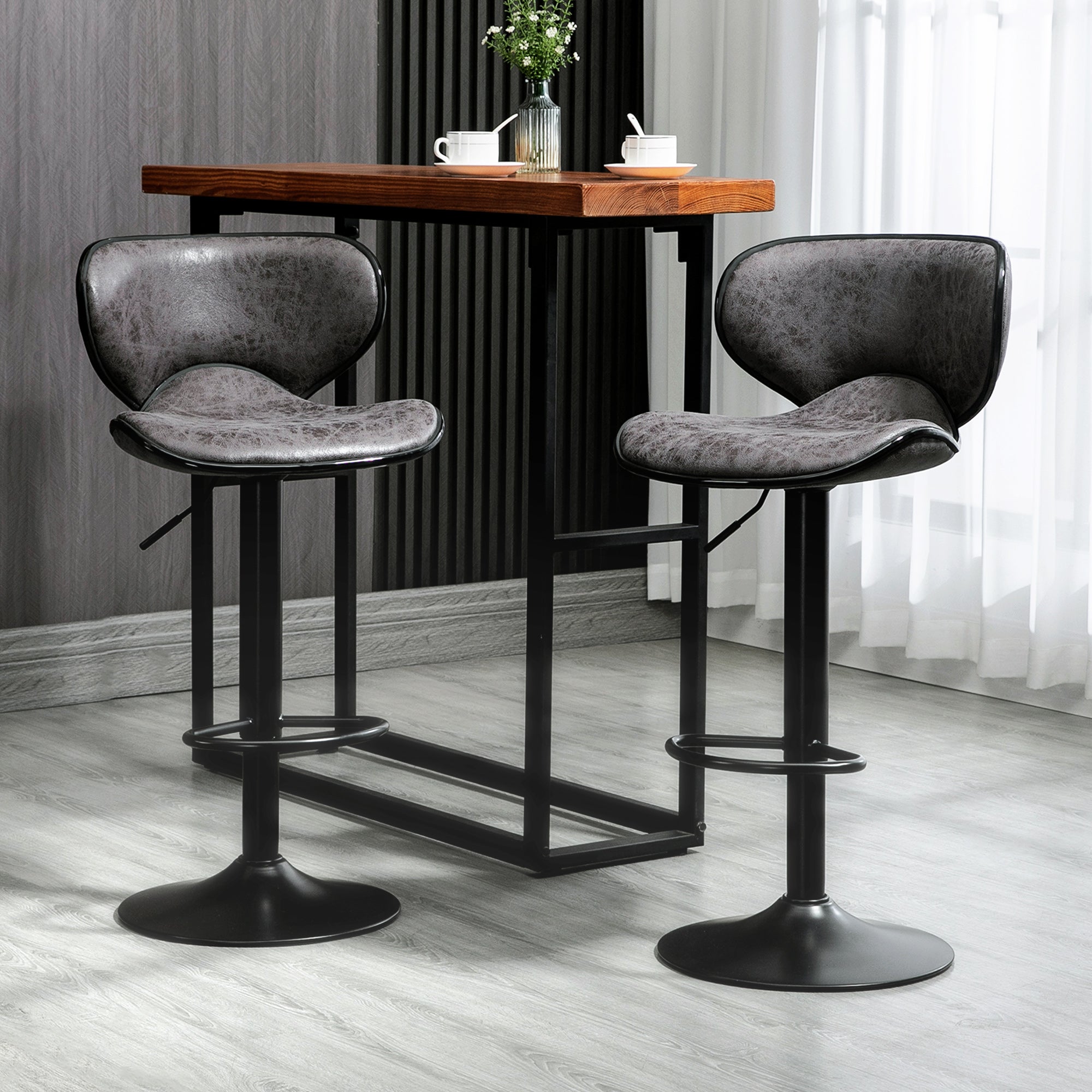 HOMCOM Adjustable Bar Stools Set of 2, Swivel Leathaire Upholstered Barstools with Large Seat, Breakfast Bar Chairs with Back, Footrest and Steel Base, Dark Grey - North Peak Garden Furniture