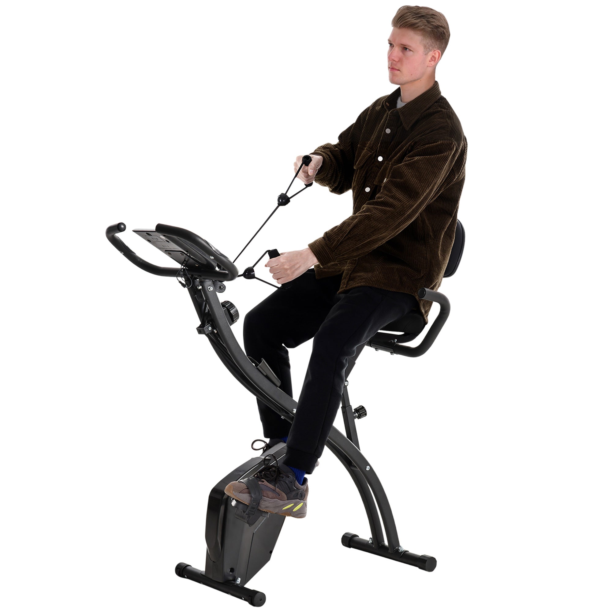 HOMCOM 2-in-1 Folding Exercise Bike with 8-Level Magnetic Resistance, Arm Resistance Band, Pulse Sensor, Black - North Peak Garden Furniture