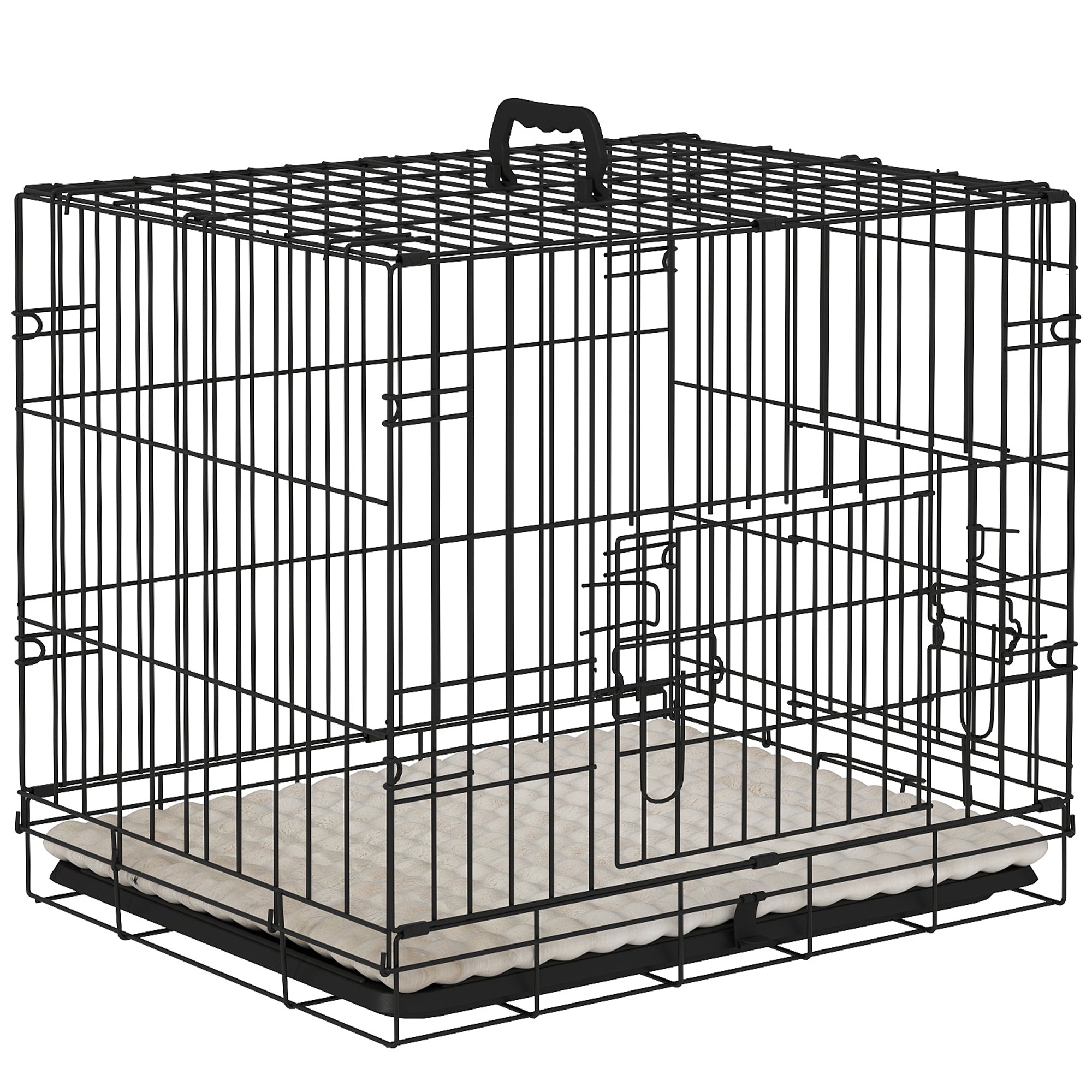 PawHut Dog Crate with 2 Doors with Tray, Soft Cushion, Foldable Metal Dog Cage for Extra Small Dogs, 60 x 40 x 50, Black - North Peak Garden Furniture