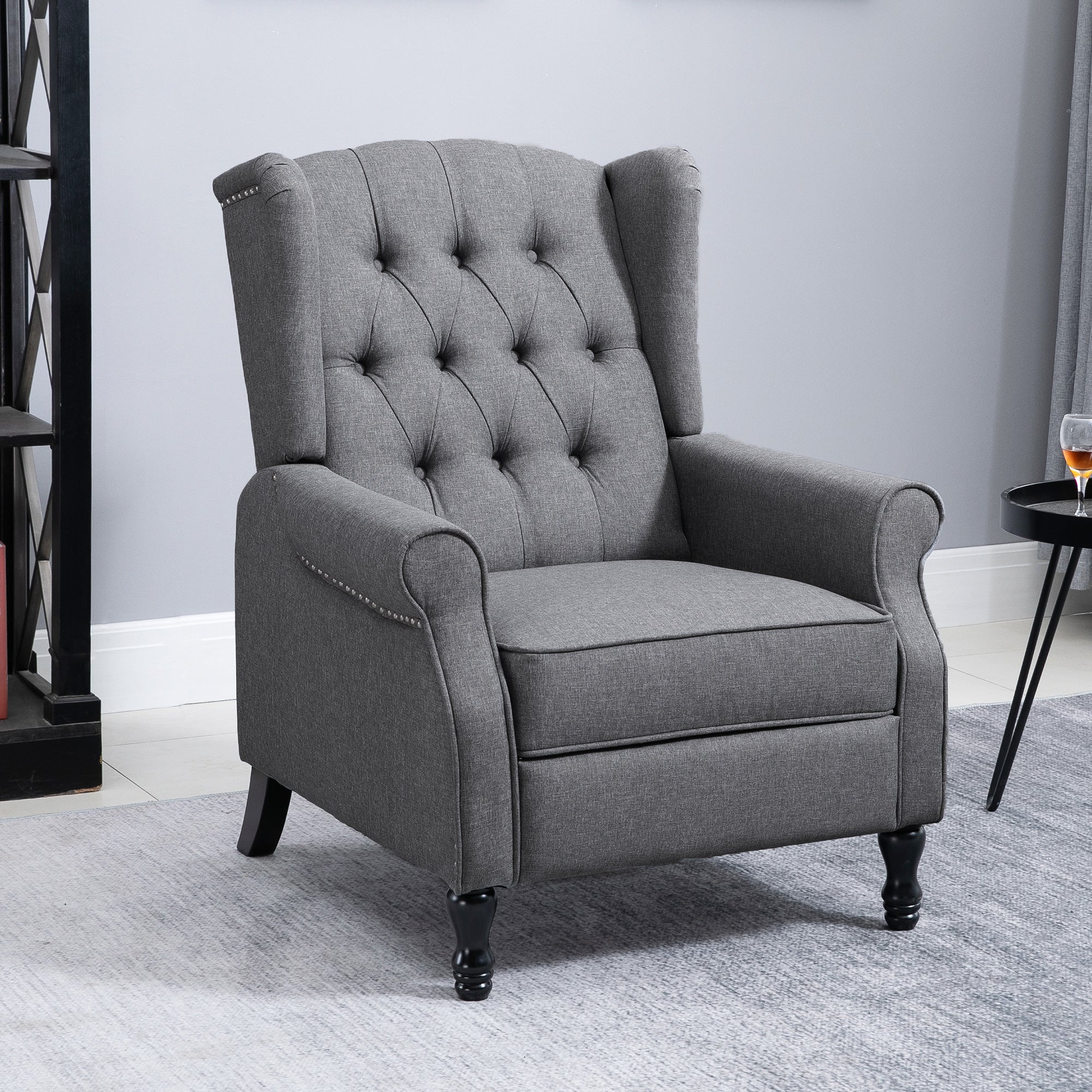HOMCOM Recliner Armchair, Vintage Reclining Chair with Nail Head Trim, Wingback Chair with Button Tufted Back and Footrest, for Living Room, Light Grey - North Peak Garden Furniture