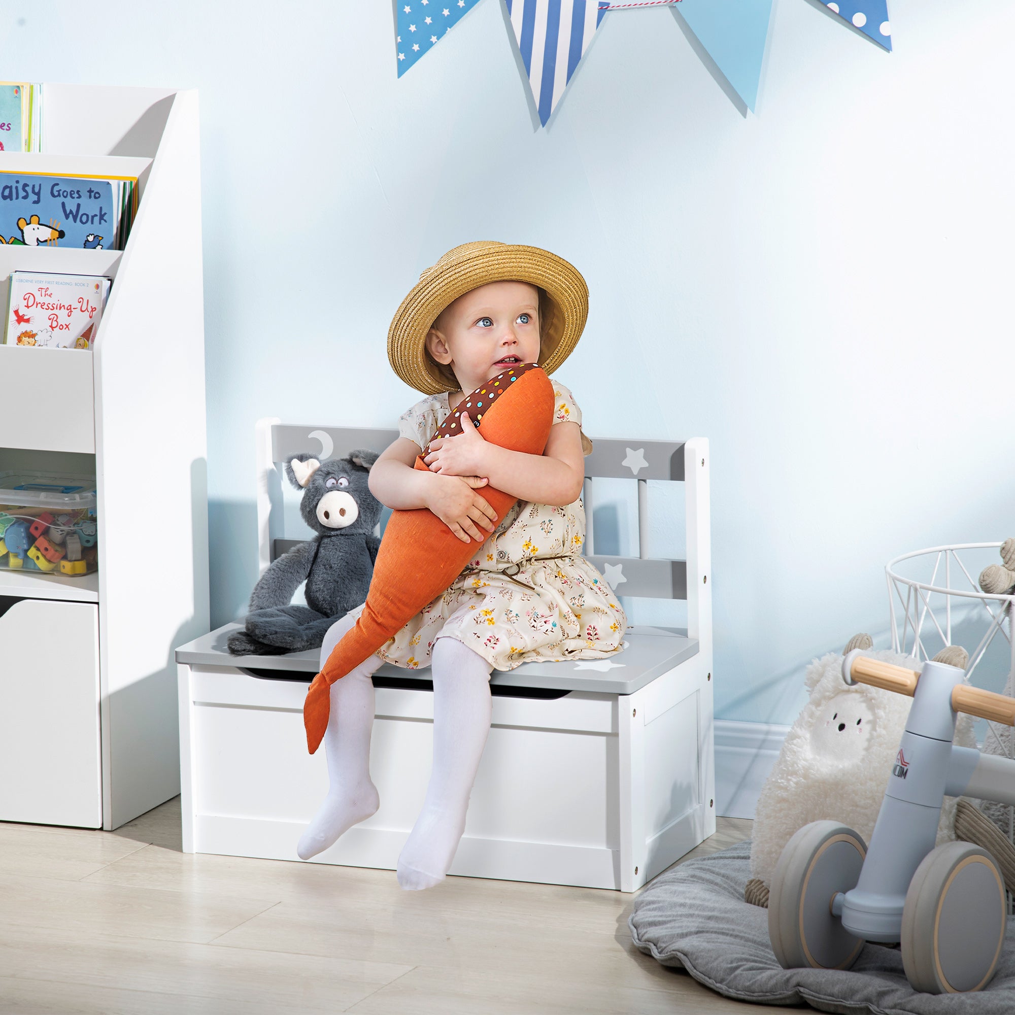 ZONEKIZ 2 In 1 Kids Storage Bench, Toy Box w/ Safety Rod - Grey - North Peak Garden Furniture