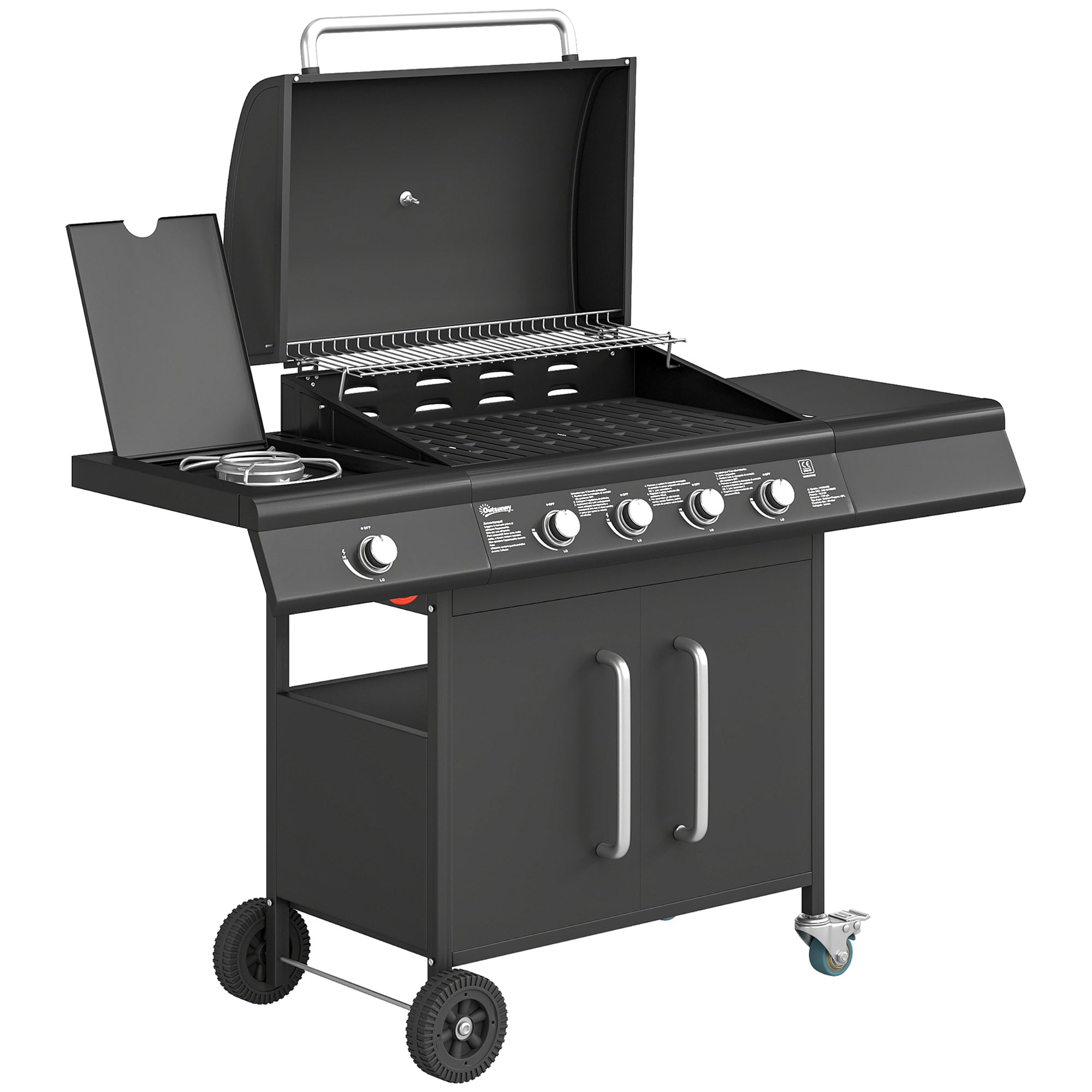 Outsunny 4+1 Burner Gas BBQ Grill with Storage Cabinet, 15.2 kW Gas Barbecue Trolley with Side Table, 4 Wheels, Warming Rack