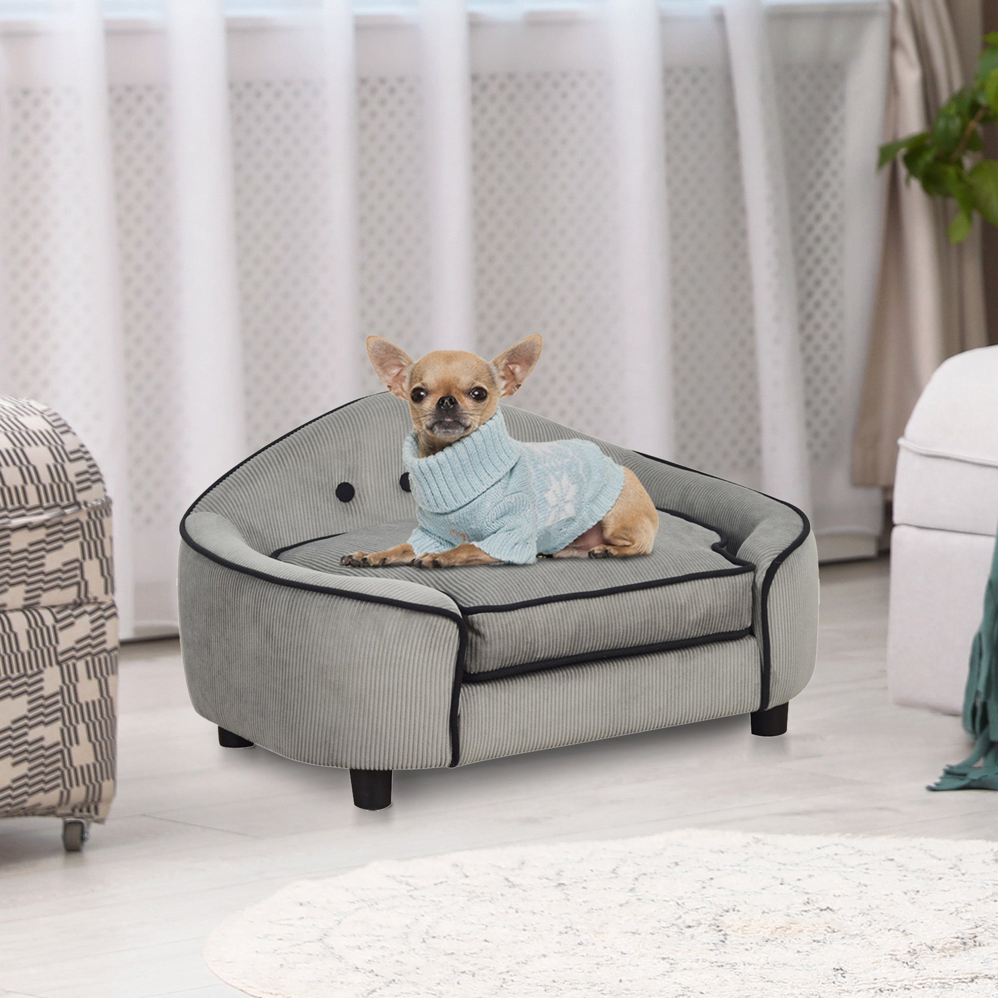 PawHut Dog Sofa for XS and S Size Dogs, Pet Chair Bed with Soft Cushion, Cat Sofa Couch with Washable Cover, Wooden Frame, 66.5 x 45 x 35.5 cm, Grey - North Peak Garden Furniture