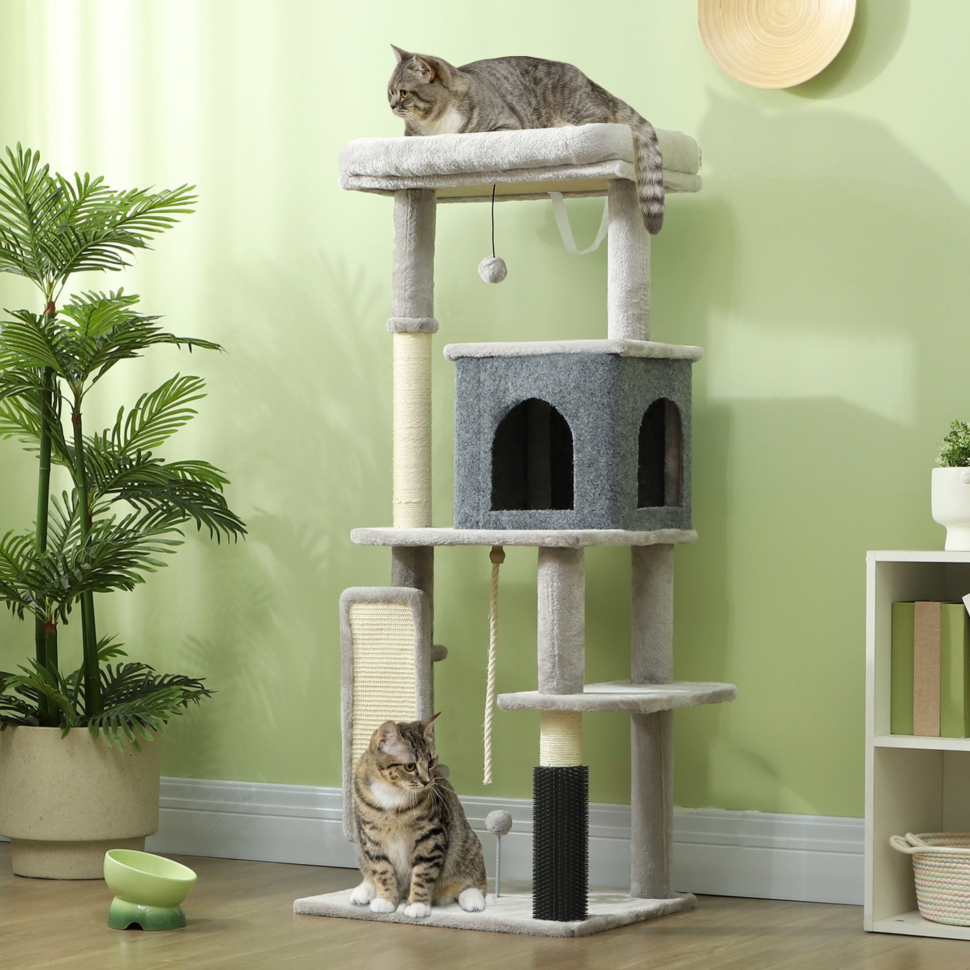 PawHut 132cm Cat Tree w/ Scratching Posts, Pad, Cat Bed, Cat House, Jumping Platform, Grooming Brush, Anti-Tip Kit, Light Grey - North Peak Garden Furniture
