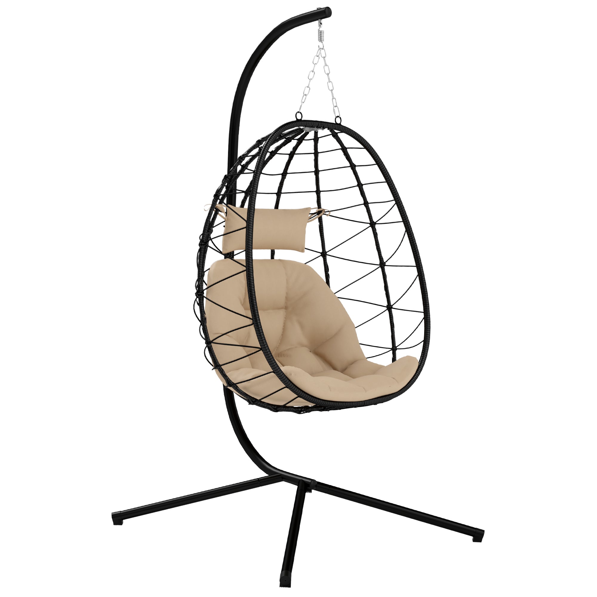 Outsunny Hanging Egg Chair Outdoor Indoor Garden Swing Chair with Folding Basket, Thickened Cushion, Garden Hanging Chair with Stand, Headrest for Patio, Balcony, Khaki - North Peak Garden Furniture
