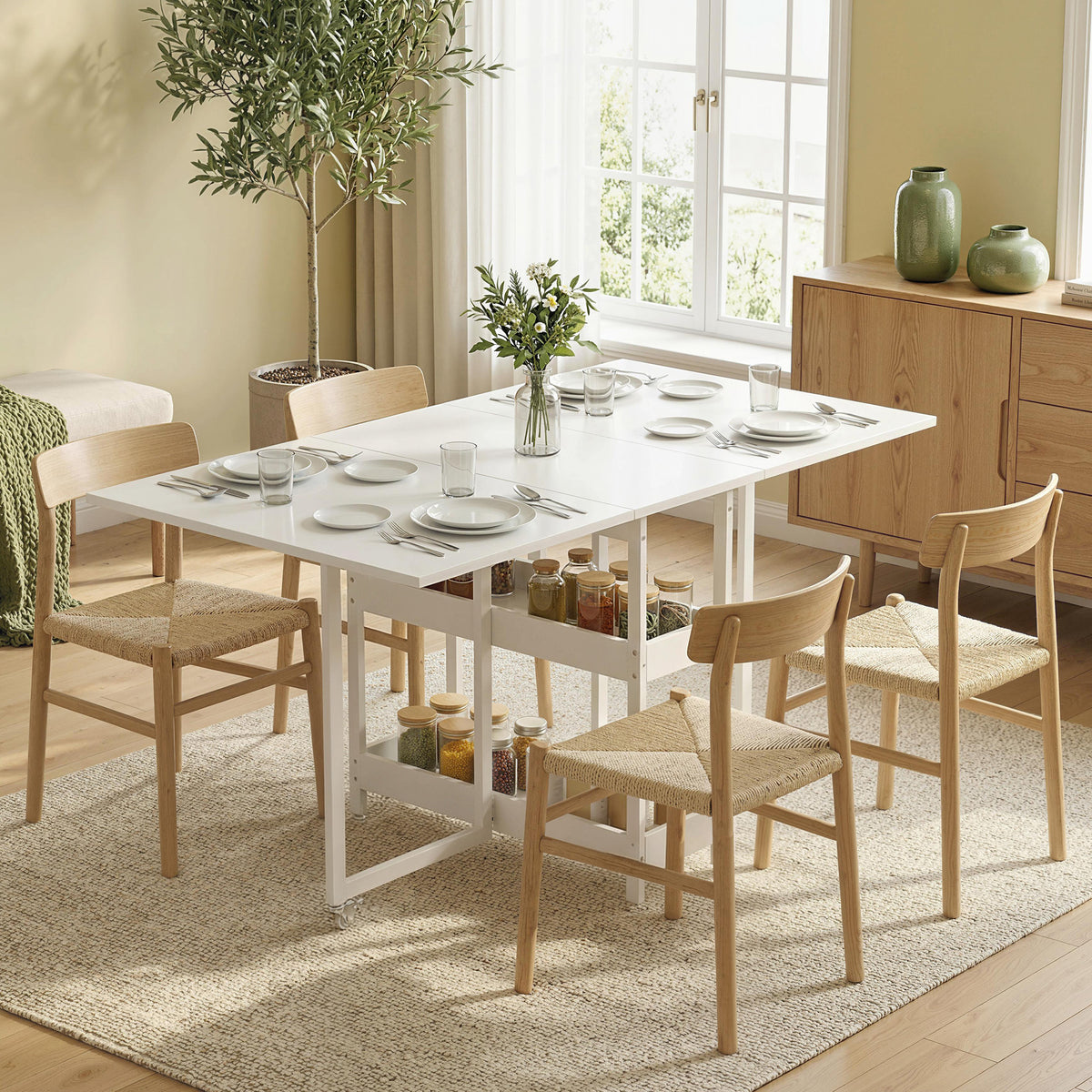 HOMCOM Industrial Folding Dining Table, Drop Leaf Table with Open Compartments for Small Spaces, Kitchen, Dining Room, White