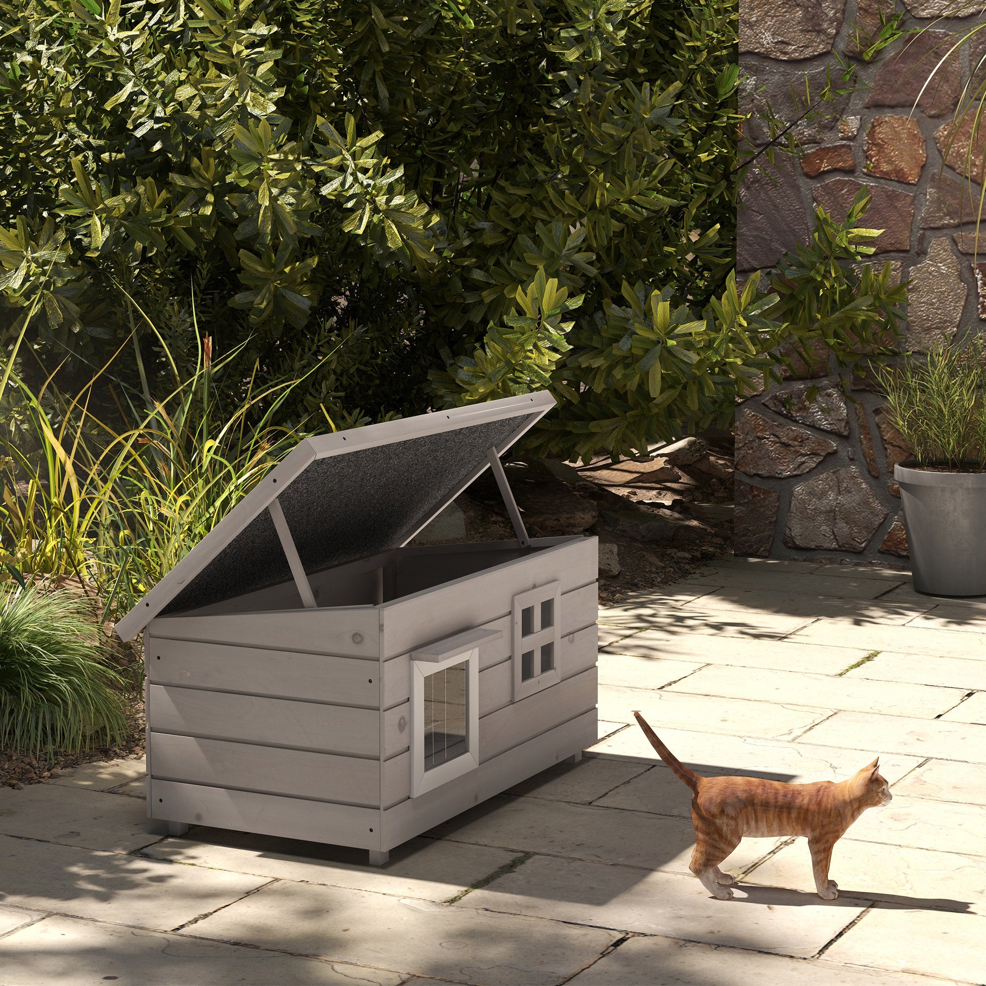 PawHut Wooden Cat House Outdoor, Elevated Cat Shelter Kennel, Pet Play House with Openable Top, Asphalt Roof, Window, Grey - North Peak Garden Furniture