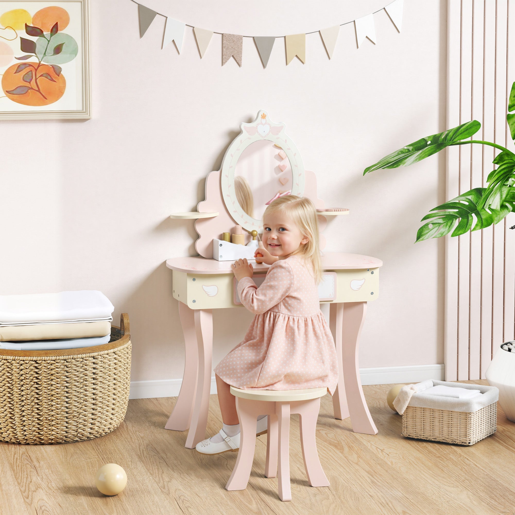 AIYAPLAY Kids Dressing Table, Girls Vanity Set with Mirror and Stool, 7 Play Accessories, Drawer, Desktop Storage, Pink