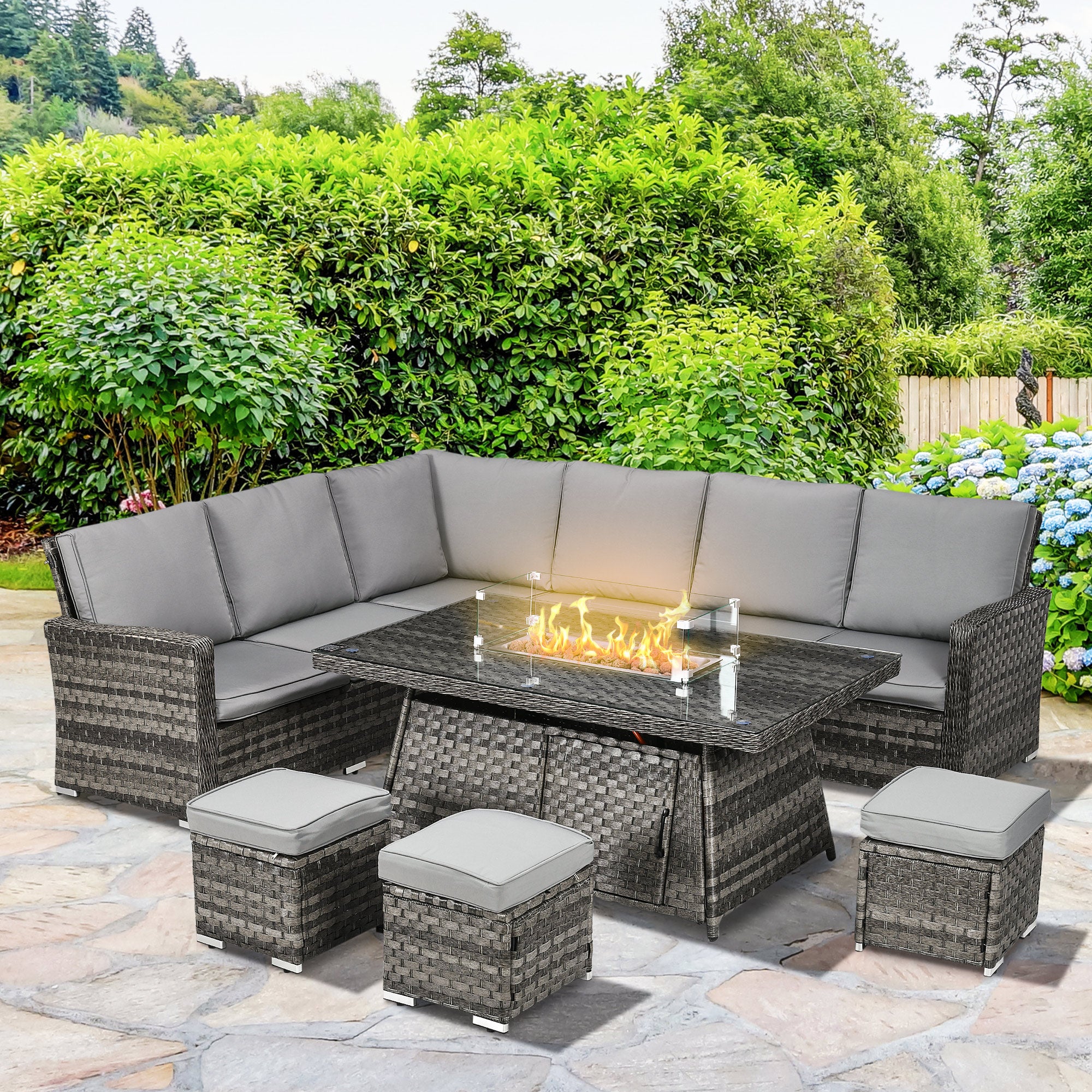 Outsunny 7 Pieces PE Rattan Garden Furniture Set, 50,000 BTU Gas Fire Pit Table, Double Corner Sofa and 3 Footstools, 6 Seater Furniture Sofa Sets with Cushions for Conservatory, Grey - North Peak Garden Furniture