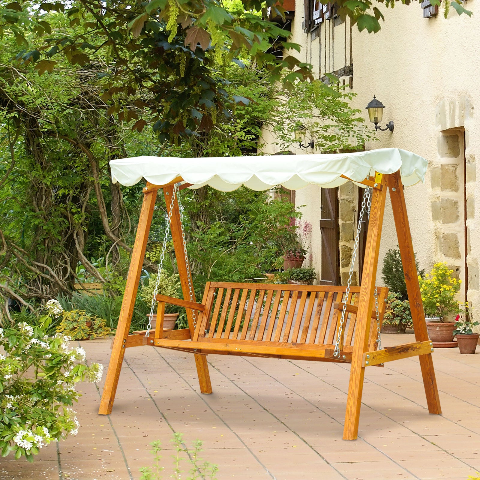 Outsunny 3 Seater Wooden Garden Swing Seat Canopy Swing Chair Outdoor Hammock Bench, Cream White - North Peak Garden Furniture