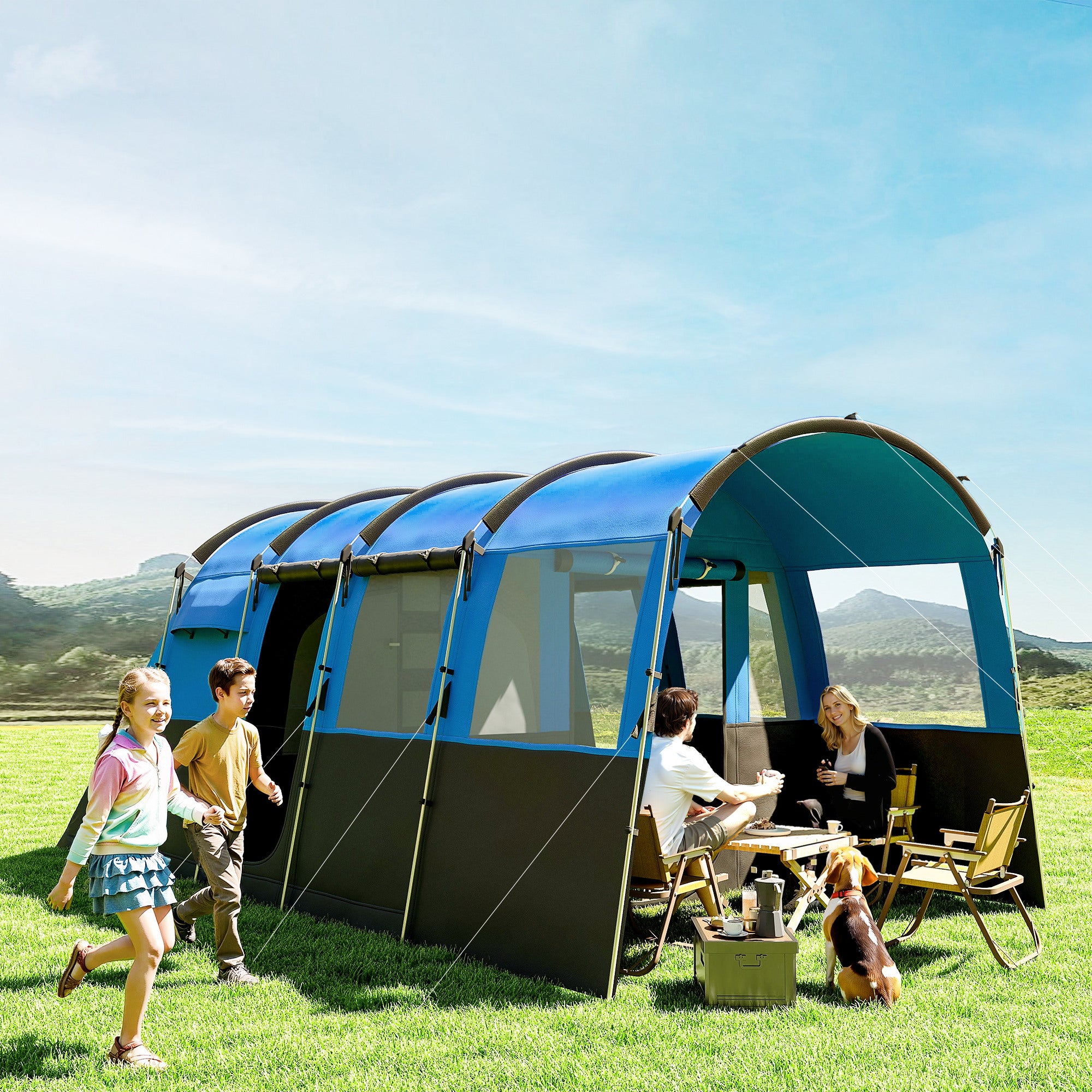 Outsunny 8-Person Camping Tent, Waterproof Family Tent, Tunnel Design, 4 Large Windows, Sleeping Cabins 3000mm Water Column Blue - North Peak Garden Furniture