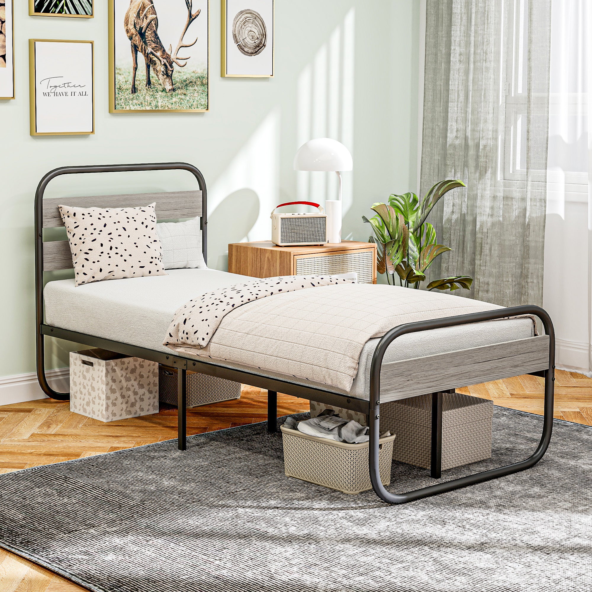 HOMCOM 3ft Single Bed Frame, Industrial Style Metal Platform Bed Frame with Under Bed Storage, No Box Spring Needed, Easy Assembly, Grey - North Peak Garden Furniture