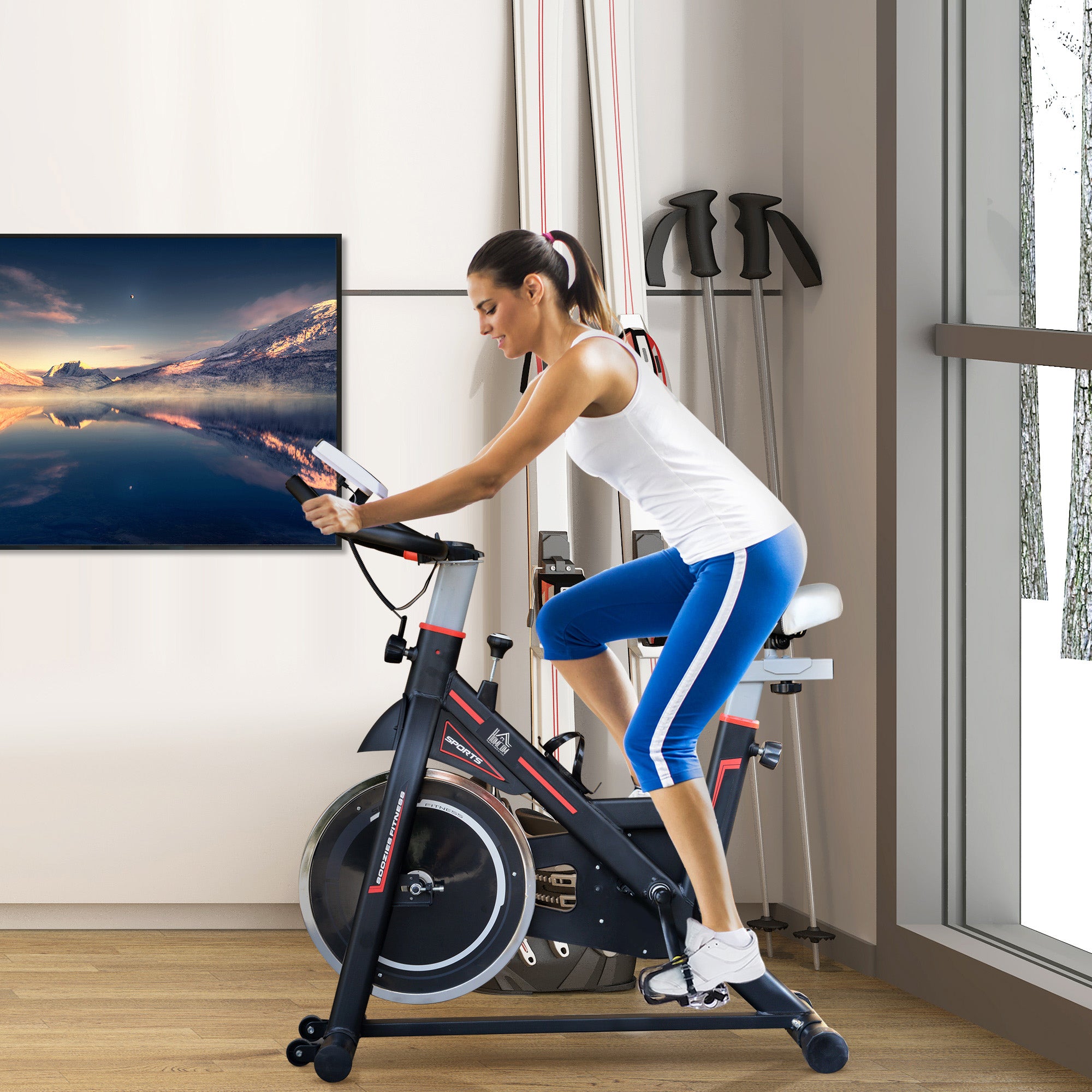 HOMCOM Exercise Bike, Indoor Cycling, with LCD Display, Heart Rate, Sensor - Black - North Peak Garden Furniture