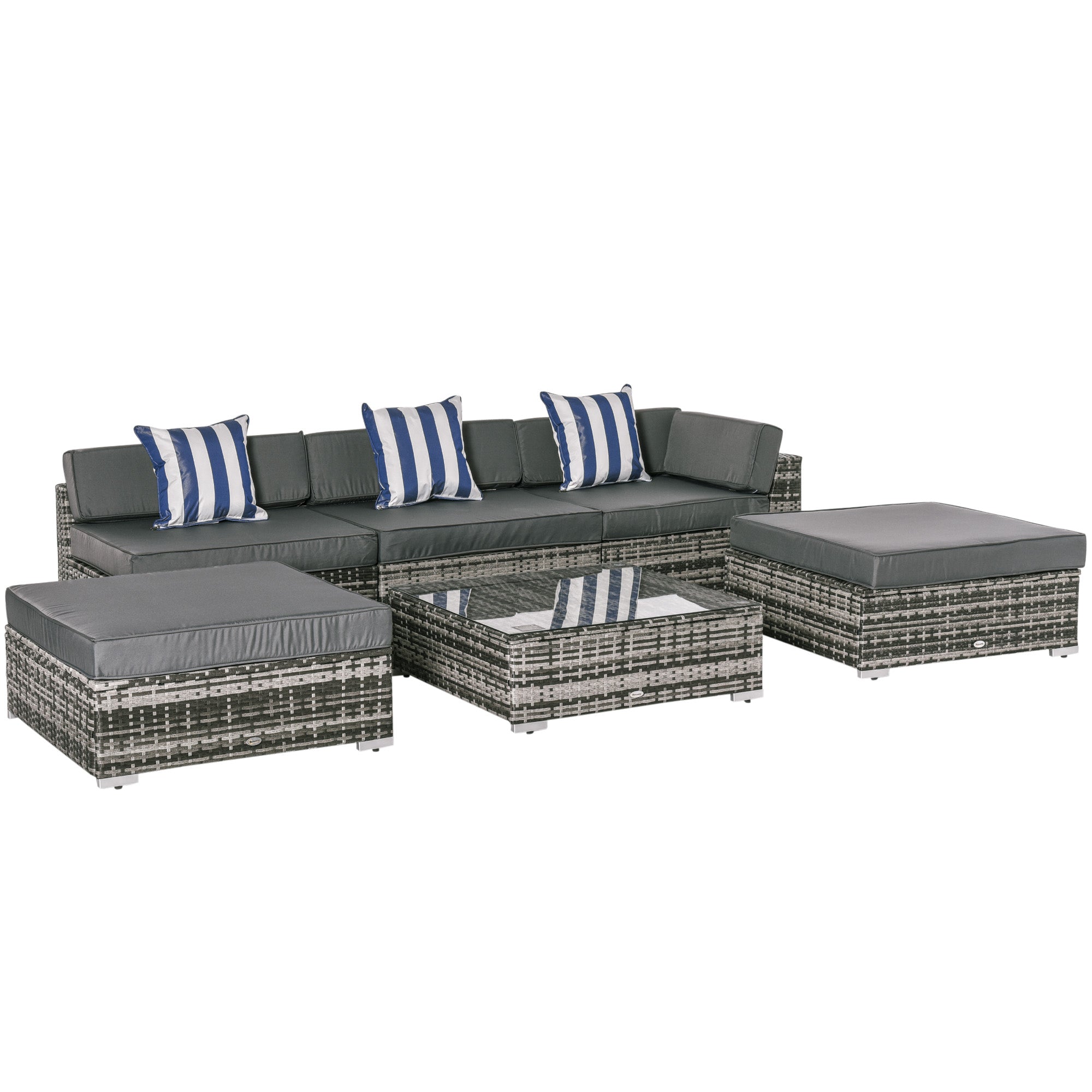 Outsunny 6 PC Rattan Sofa Coffee Table Set Sectional Wicker Weave Furniture for Garden Outdoor Conservatory w/ Pillow Cushion Grey - North Peak Garden Furniture