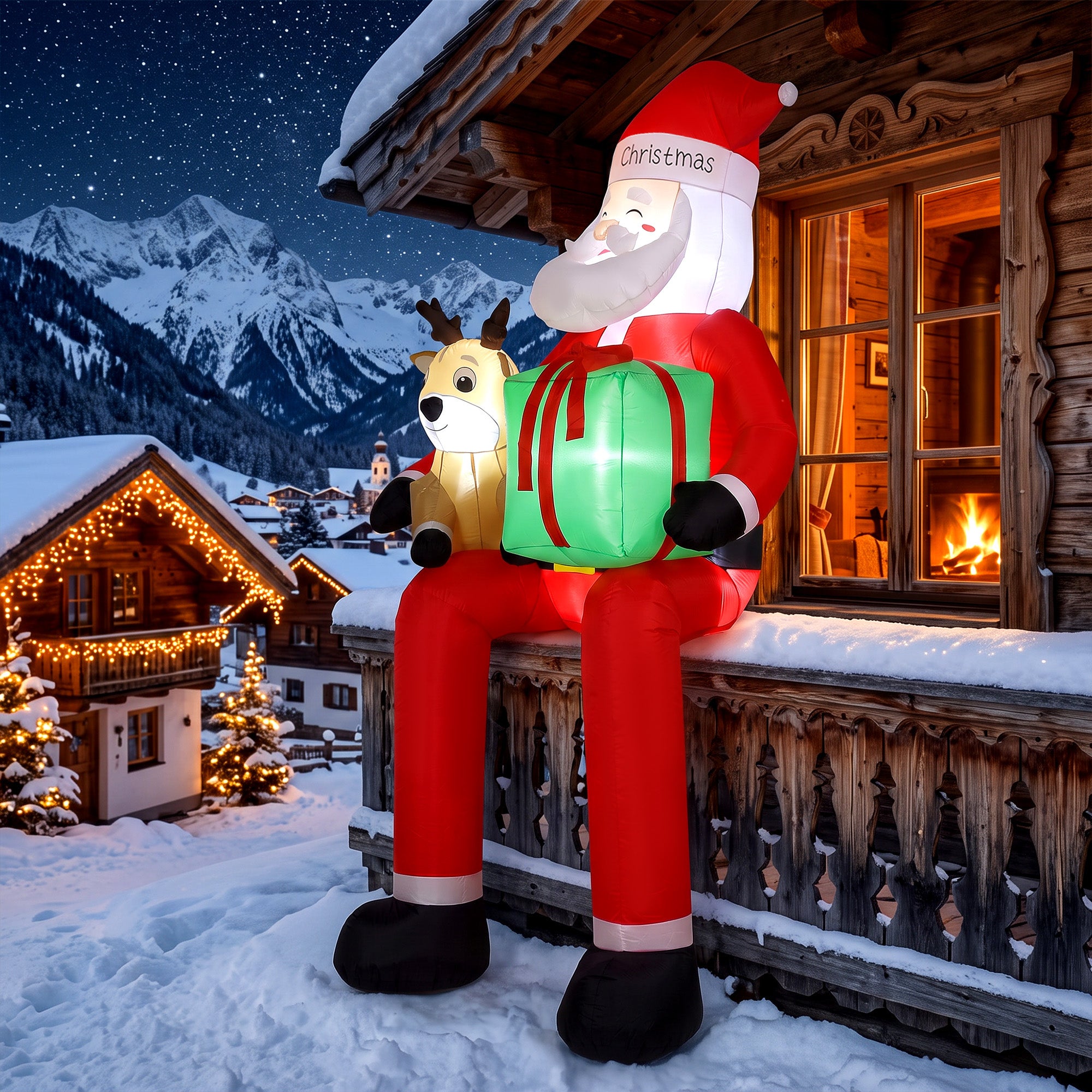 Outsunny 9.3ft Giant Christmas Inflatable Hanging Santa Claus Sitting w/ Reindeer, Gift Box
