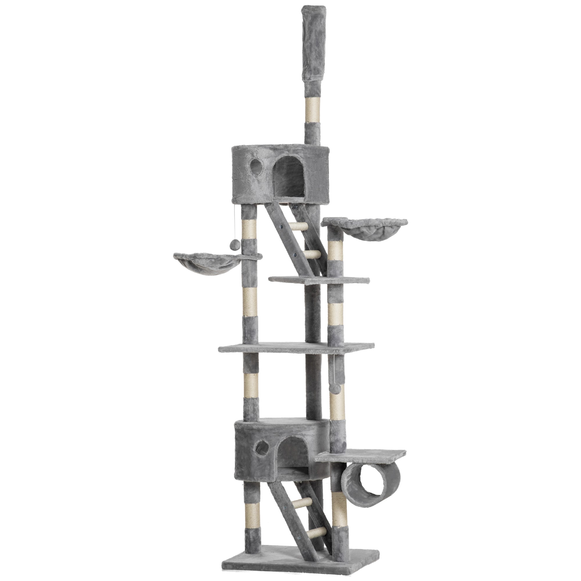 PawHut Floor to Ceiling Cat Tree for Indoor Cats, 240-260cm, Adjustable Height - Light Grey - North Peak Garden Furniture