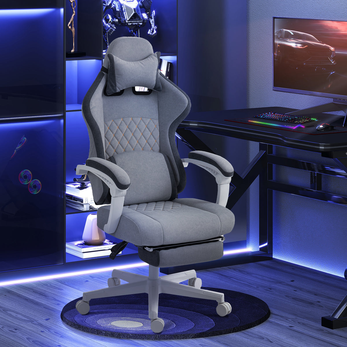 HOMCOM Ergonomic High Back Gaming Chair for Adults, Printed Velvet Computer Recliner Chair with Footrest, Lumbar Support, Adjustable Height and 360° Swivel Seat for Office or Gaming, Grey
