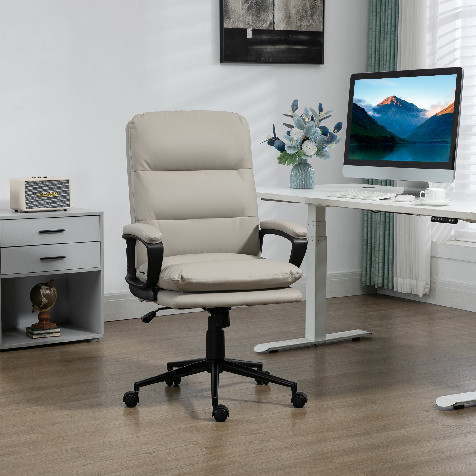 Vinsetto Ergonomic Computer Desk Chair, PU Leather Office Chair with Adjustable Height and Swivel Rolling Wheels for Work Study, Light Grey - North Peak Garden Furniture