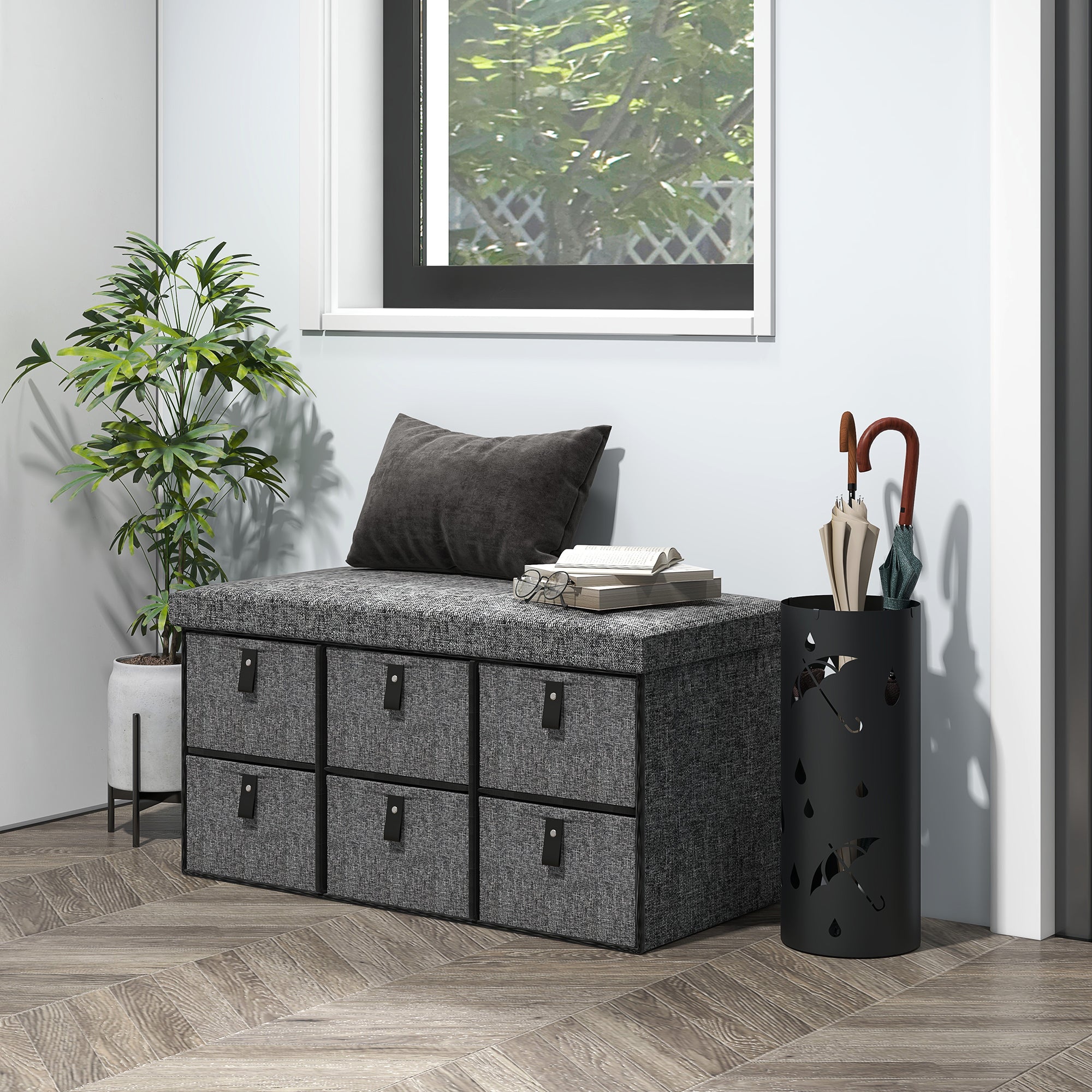 HOMCOM Six-Drawer Shoe Storage Bench, with Padded Top Seat - Dark Grey - North Peak Garden Furniture