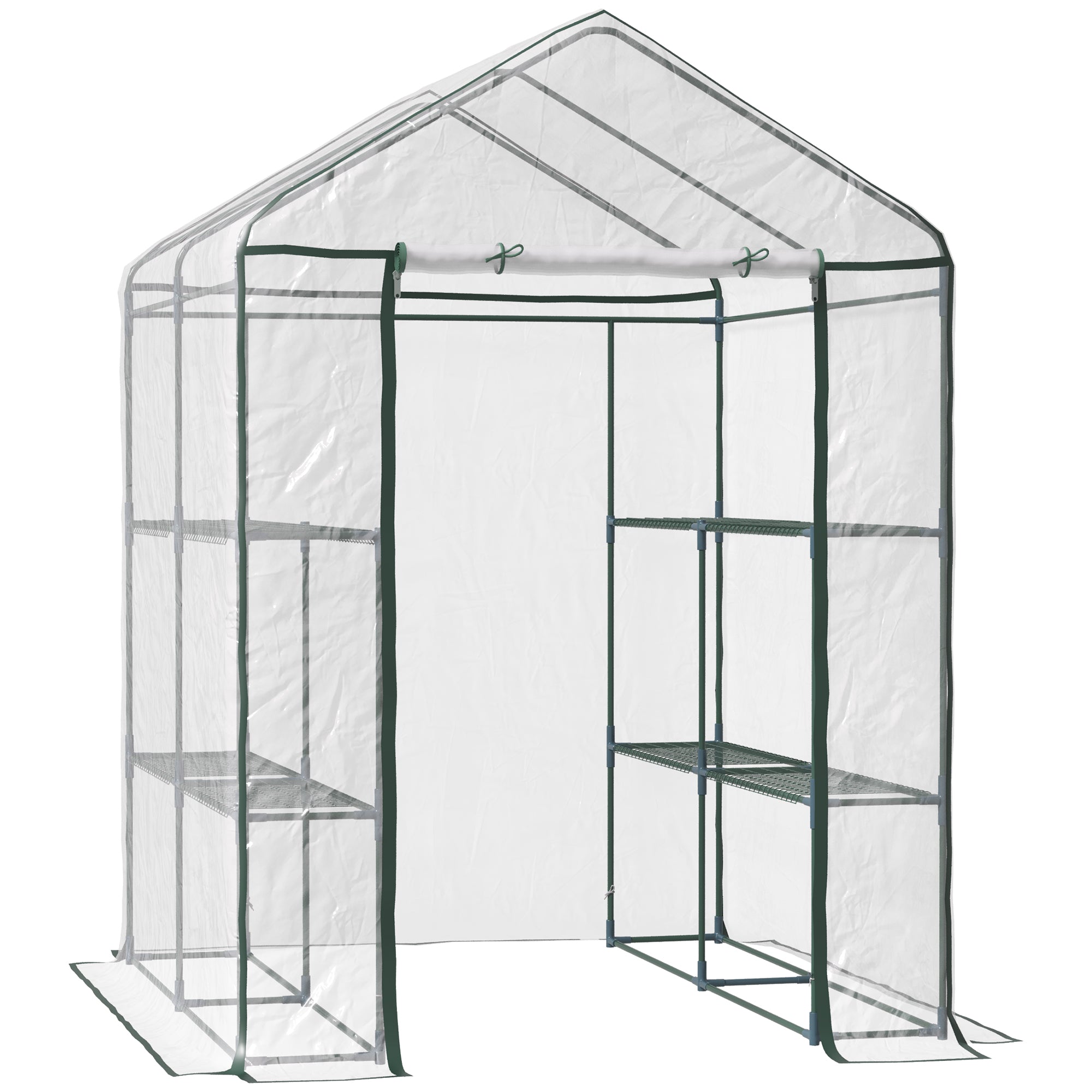 Outsunny Walk in Greenhouse with 3-Tier 8 Shelves, Green House with Hemmed Cover, Roll-up Zipped Door, Steel Frame, 143 x 143 x 195cm - North Peak Garden Furniture