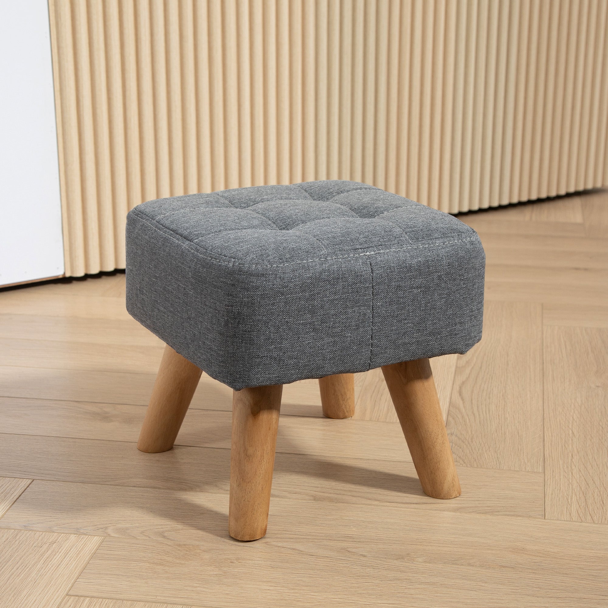 HOMCOM Modern Tufted Footstool, Fabric Foot Stool with Rubber Wood Legs, Padded Seat, for Living Room, Bedroom, Entryway, Grey - North Peak Garden Furniture