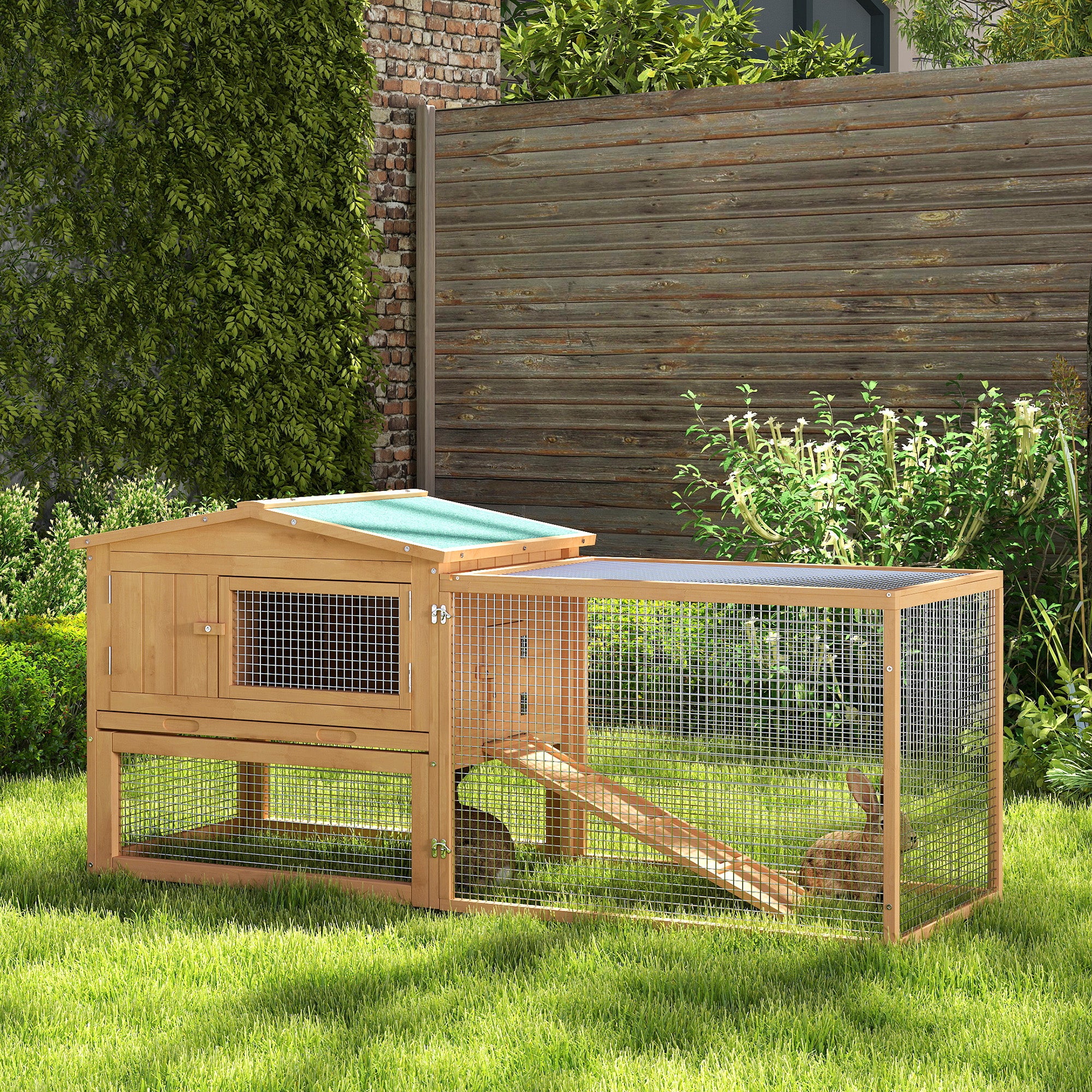 Pawhut Wooden Rabbit Hutch Guinea Pig hutch House 2 Tier with Rabbit Run for Outdoor Garden Backyard, 85 x 24 x 57cm - North Peak Garden Furniture