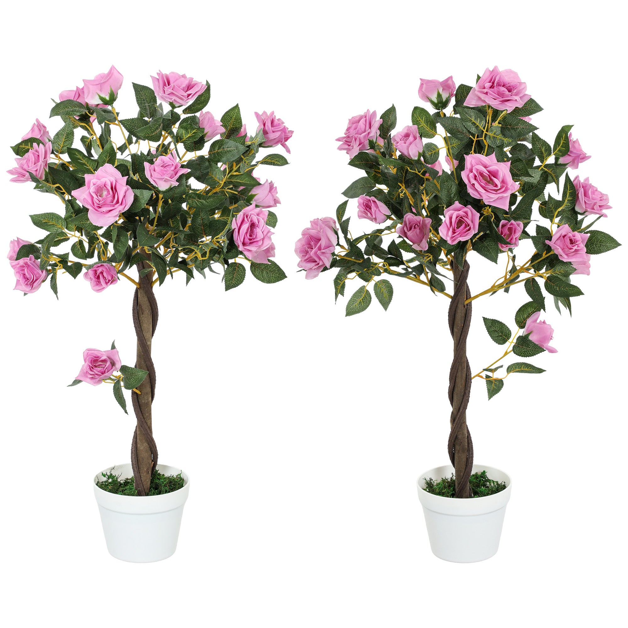 Outsunny Set of 2 Artificial Plants White Rose Floral in Pot, Fake Plants for Home Indoor Outdoor Decor, 90cm, Purple - North Peak Garden Furniture