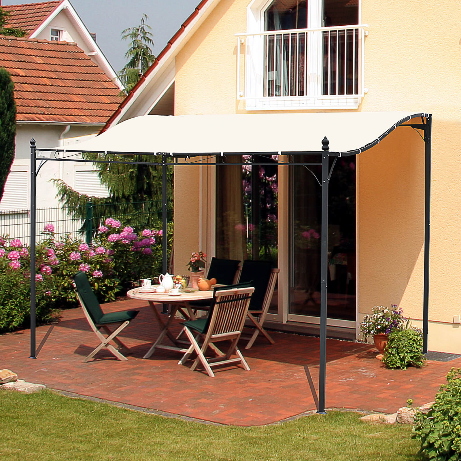 Outsunny 3x3 m Wall Mounted Garden Porch-Black/Cream White - North Peak Garden Furniture