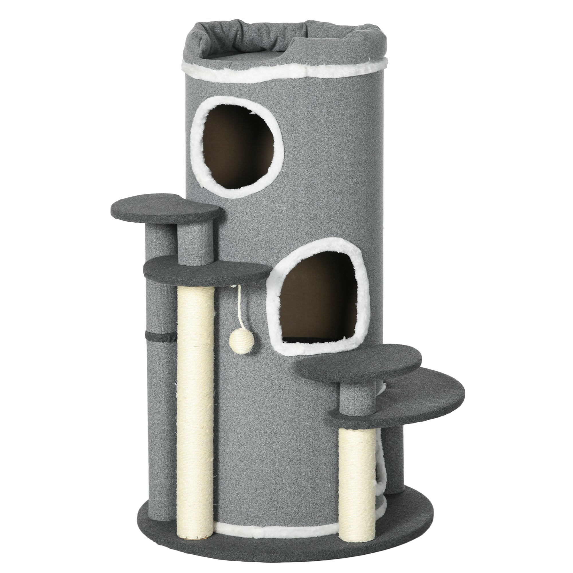 PawHut Barrel Shaped Cat Tree with Sisal Scratching Posts, Cat Bed, Platforms, Hanging Ball, Grey, Grey - North Peak Garden Furniture