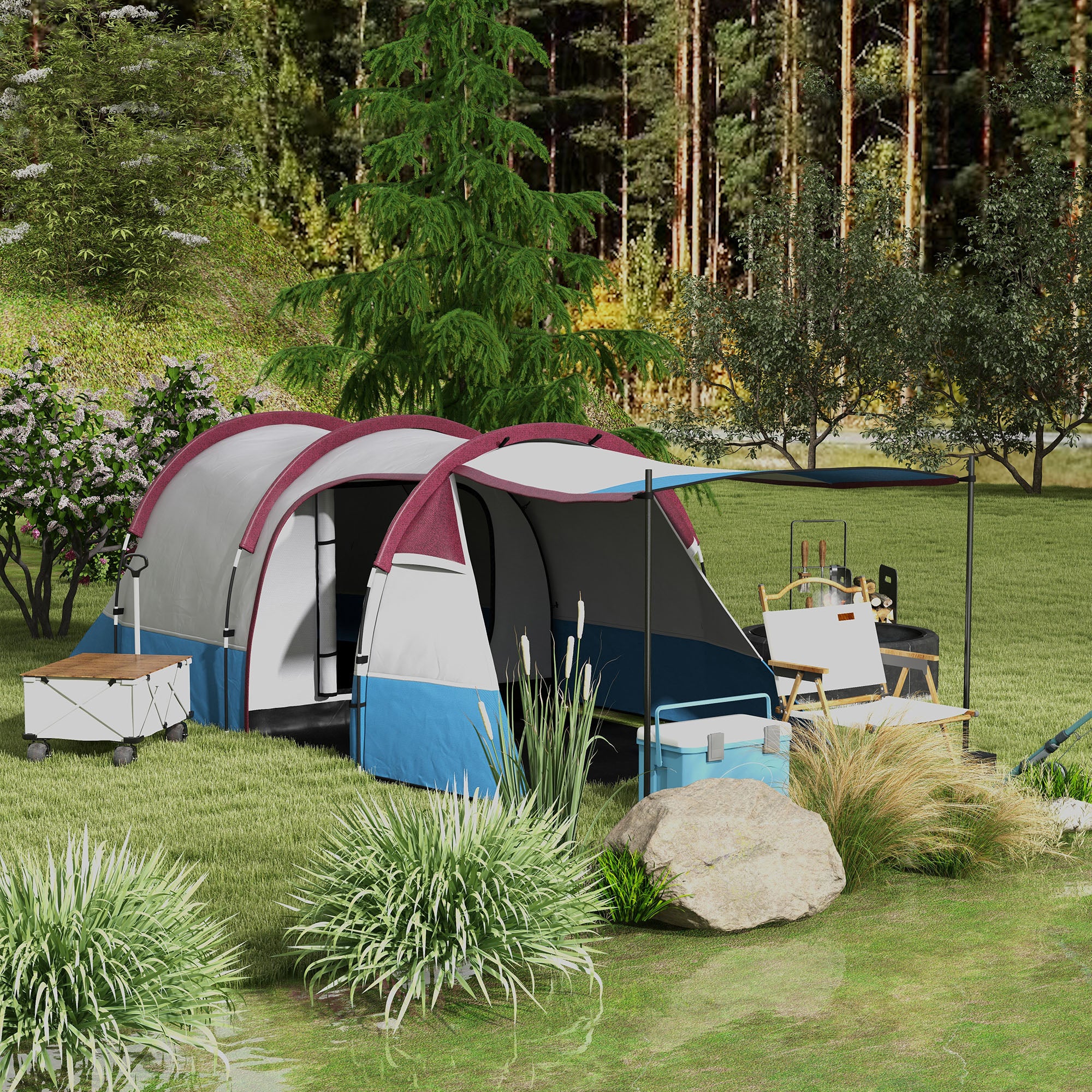 Outsunny Camping Tent, Large Tunnel Tent with Bedroom and Living Area, 2000mm Waterproof, Portable with Bag for 2-3 Man, Red - North Peak Garden Furniture