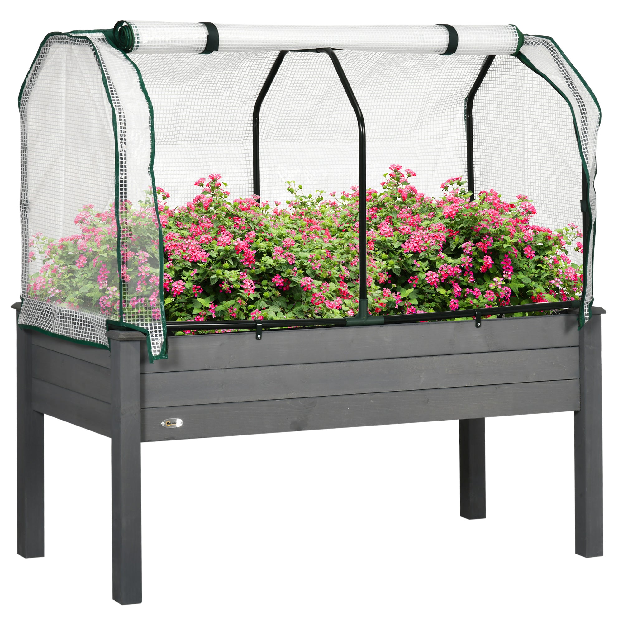 Outsunny Raised Garden Bed Outdoor Elevated Wood Planter Box w/ PE Cover, Dark Grey - North Peak Garden Furniture