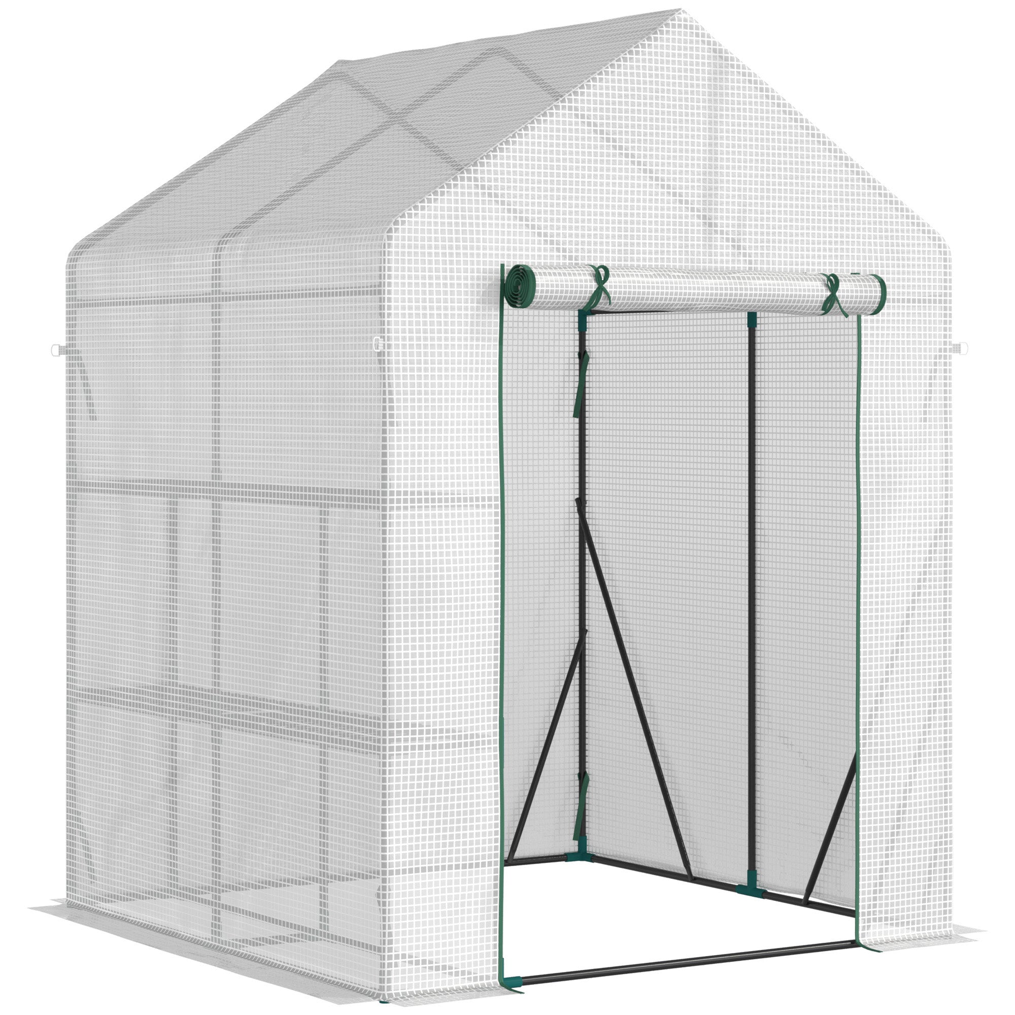 Outsunny Greenhouse for Outdoor, Portable Gardening Plant Grow House with 2 Tier Shelf, Roll-Up Zippered Door, PE Cover, 143 x 143 x 195cm, Green - North Peak Garden Furniture
