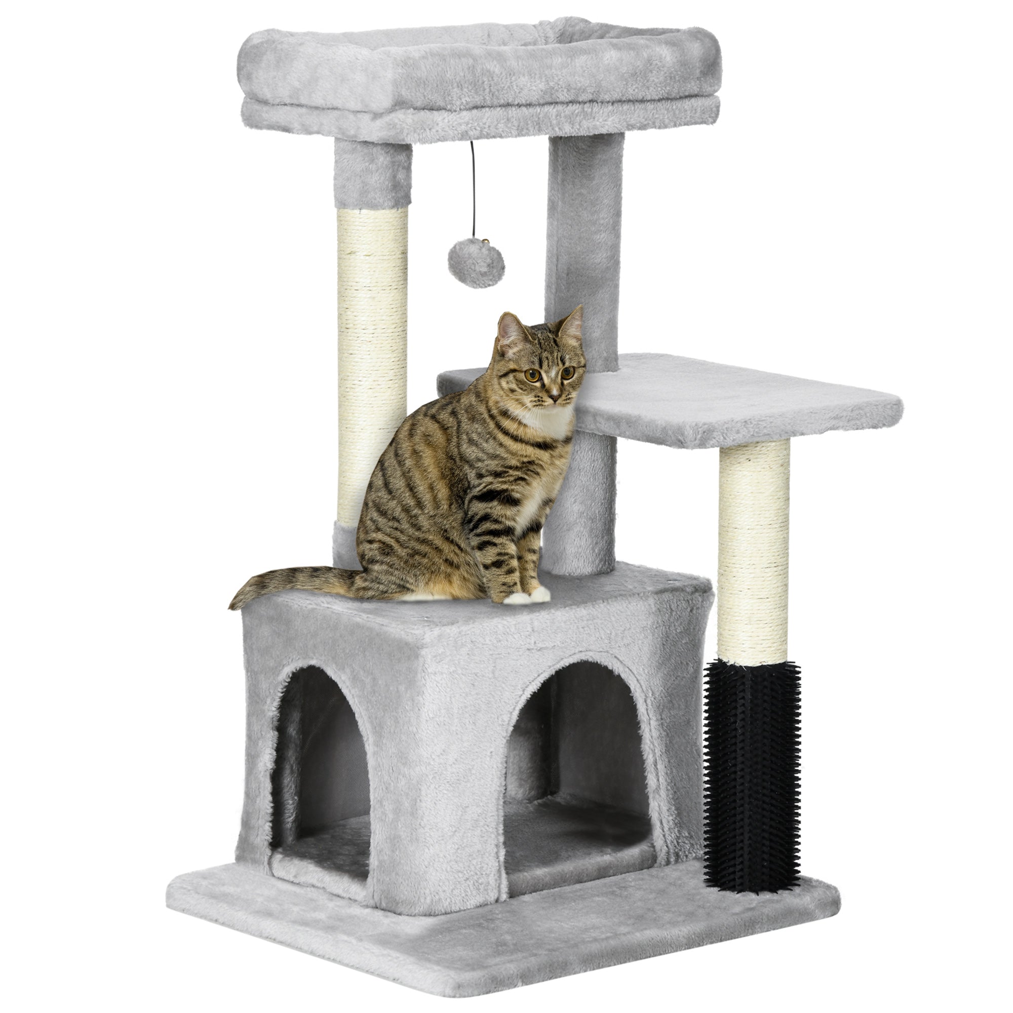PawHut Cat Tree for Indoor Cats Climbing Tower Kitten Scratch Post Activity Center Kitten with Massage Toy Hanging Ball Bed Condo Perch 48 x 48 x 85cm Grey - North Peak Garden Furniture