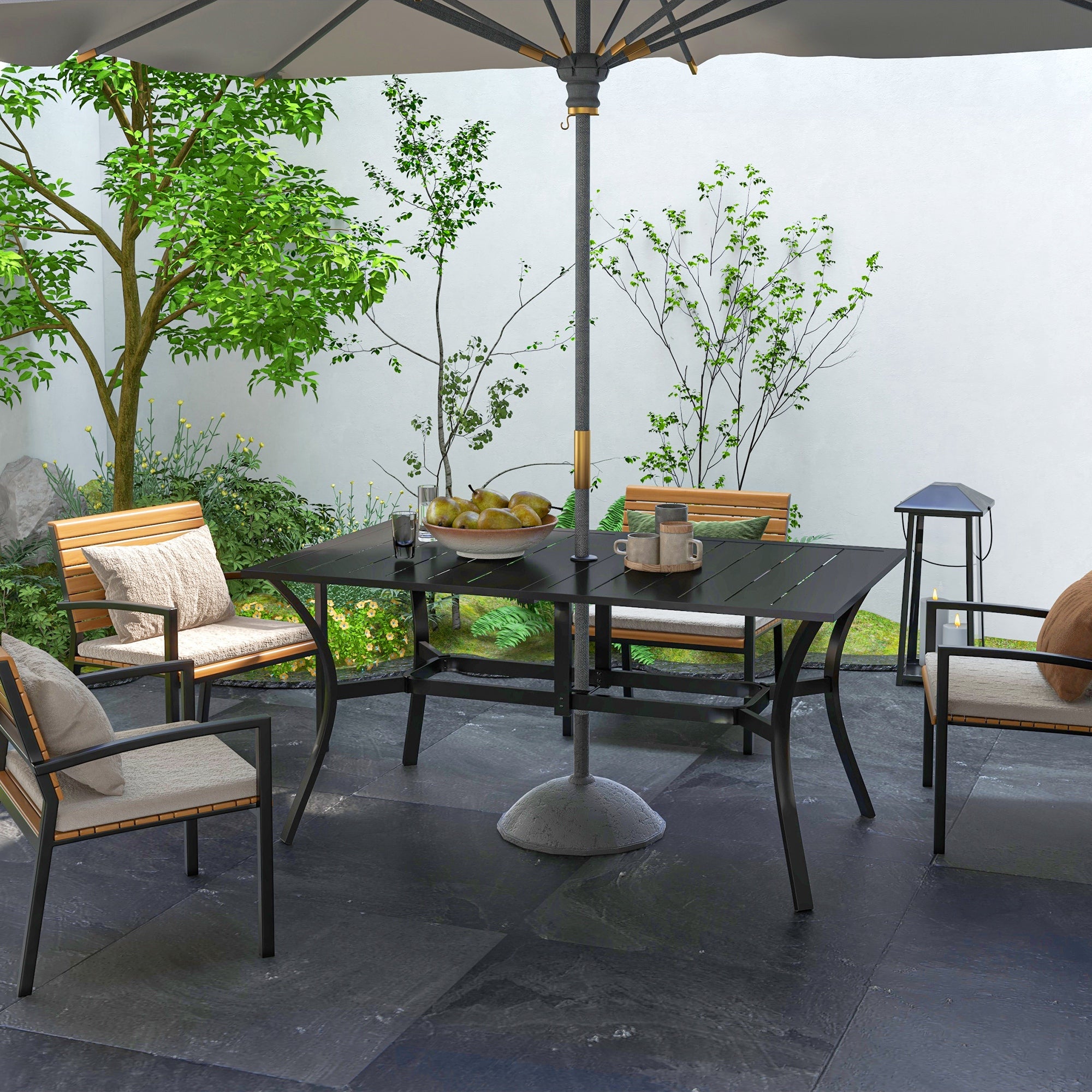 Outsunny Rectangle Garden Dining Table with Parasol Hole, Patio Table with Steel Frame and Slat Tabletop, 150cm x 90cm, Black - North Peak Garden Furniture